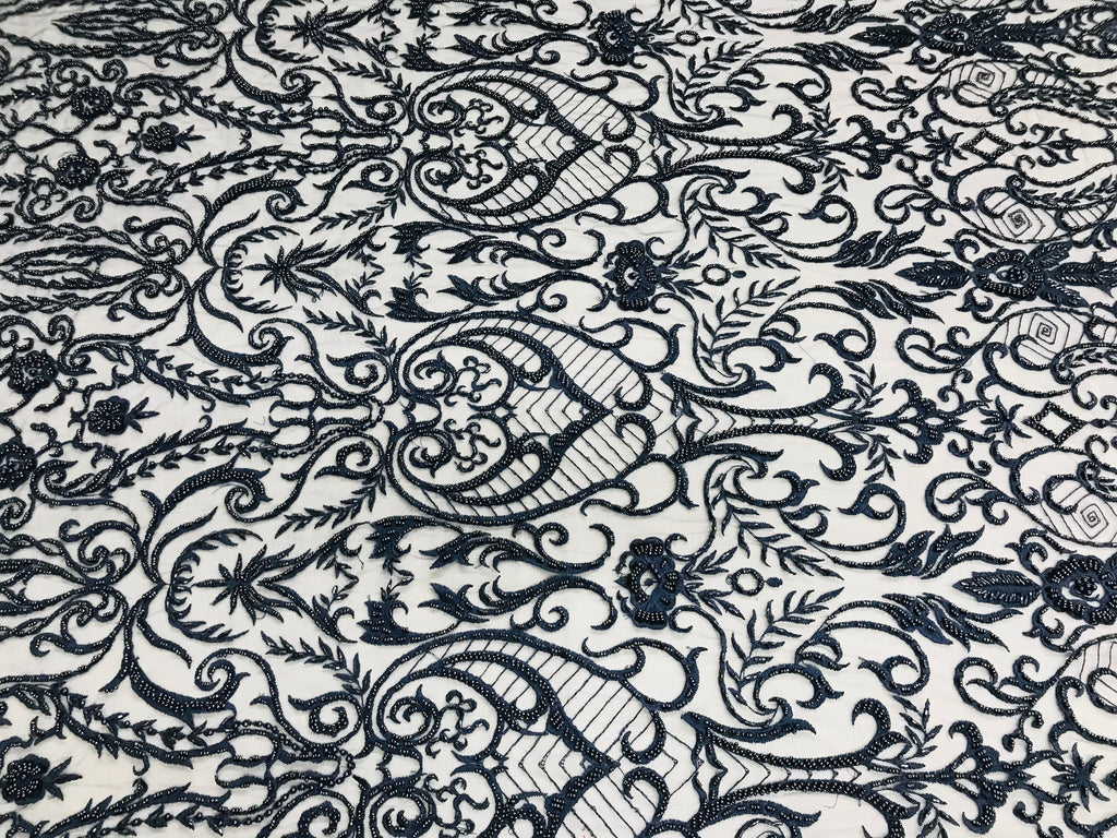 Glam Damask Beaded Fabric - Navy Blue - Embroidered Elegant Fashion Fabric with Beads on Mesh