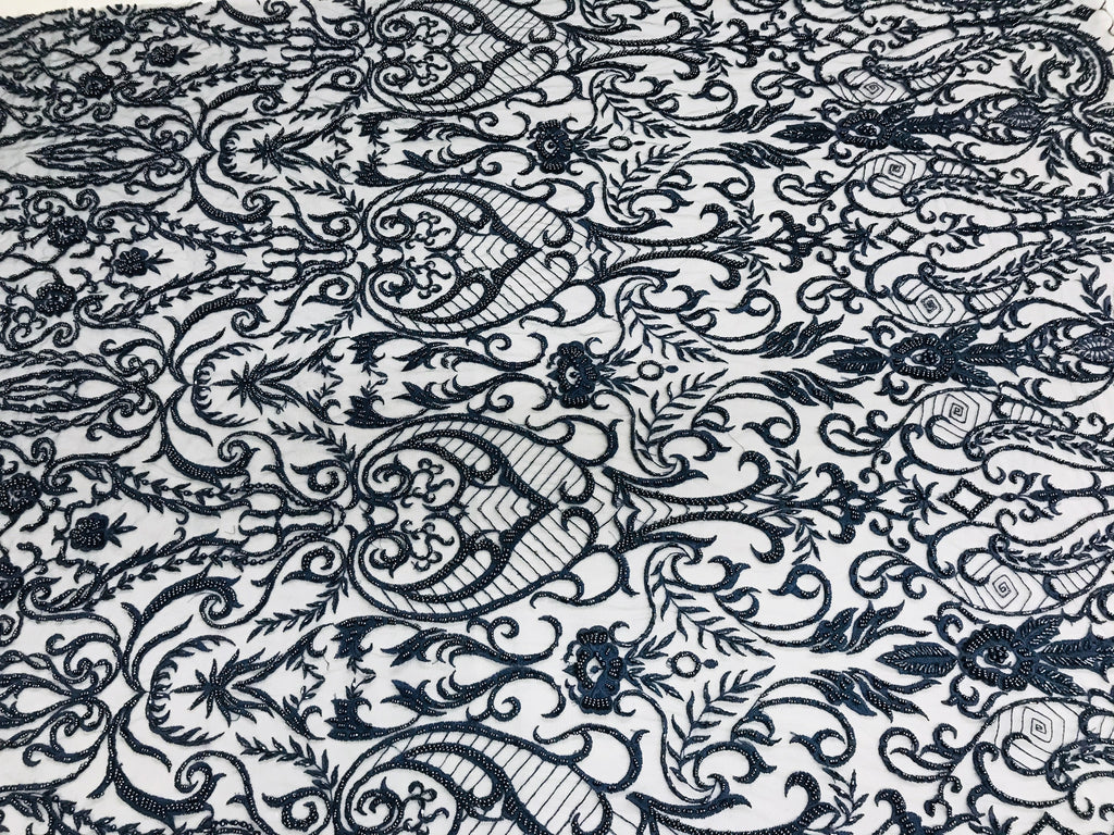 Glam Damask Beaded Fabric - Navy Blue - Embroidered Elegant Fashion Fabric with Beads on Mesh