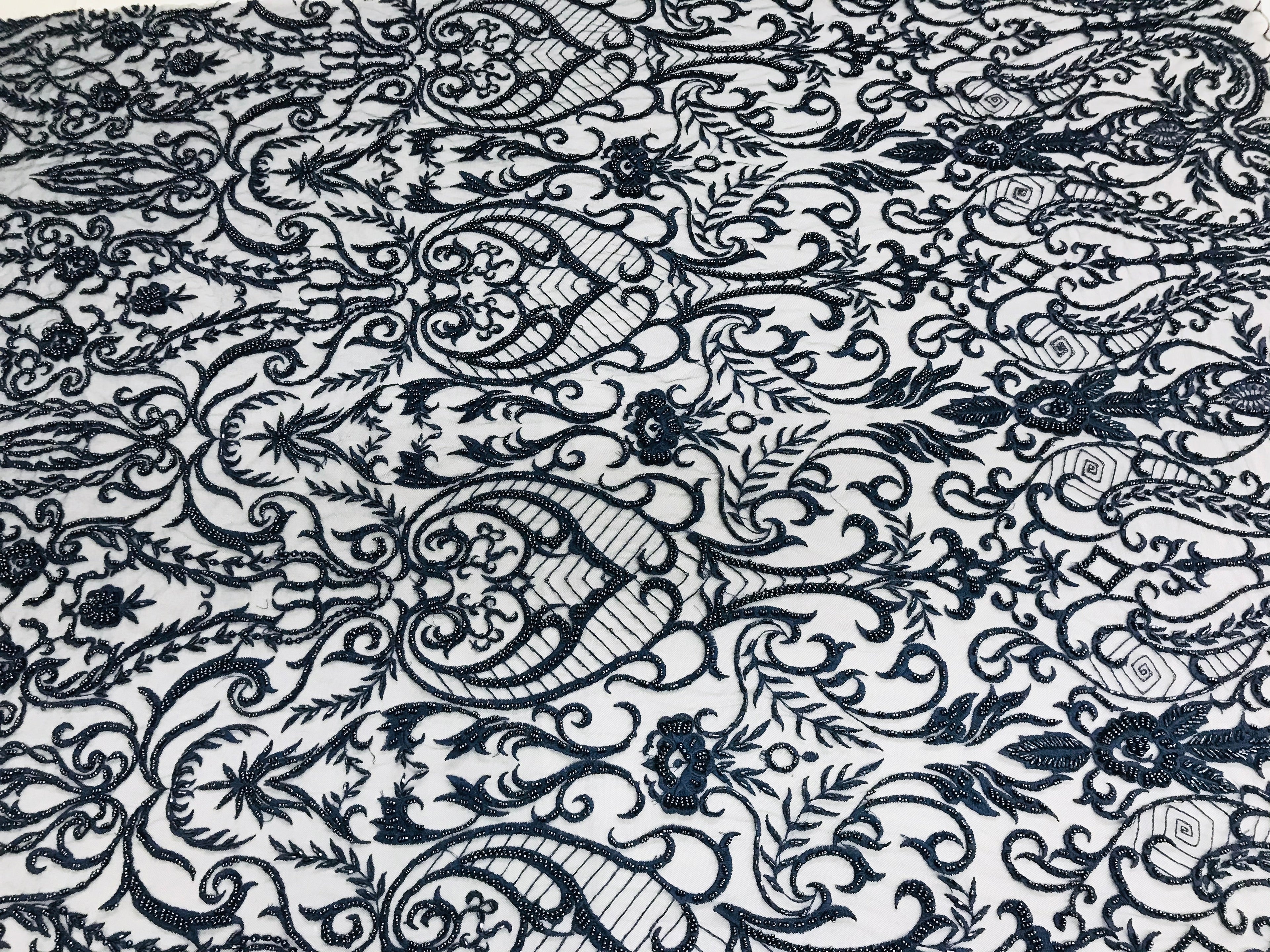 Glam Damask Beaded Fabric - Navy Blue - Embroidered Elegant Fashion Fabric with Beads on Mesh
