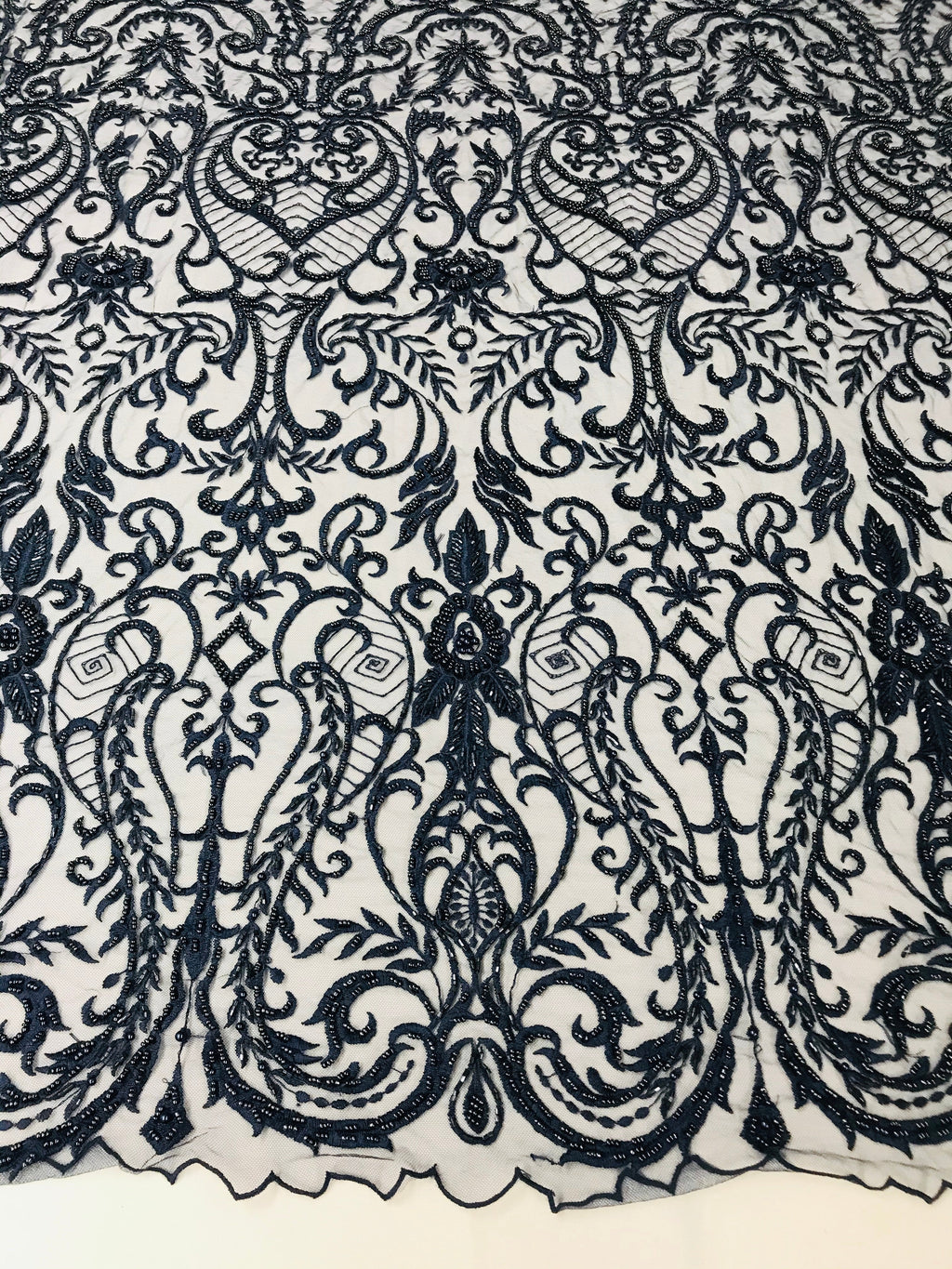 Glam Damask Beaded Fabric - Navy Blue - Embroidered Elegant Fashion Fabric with Beads on Mesh