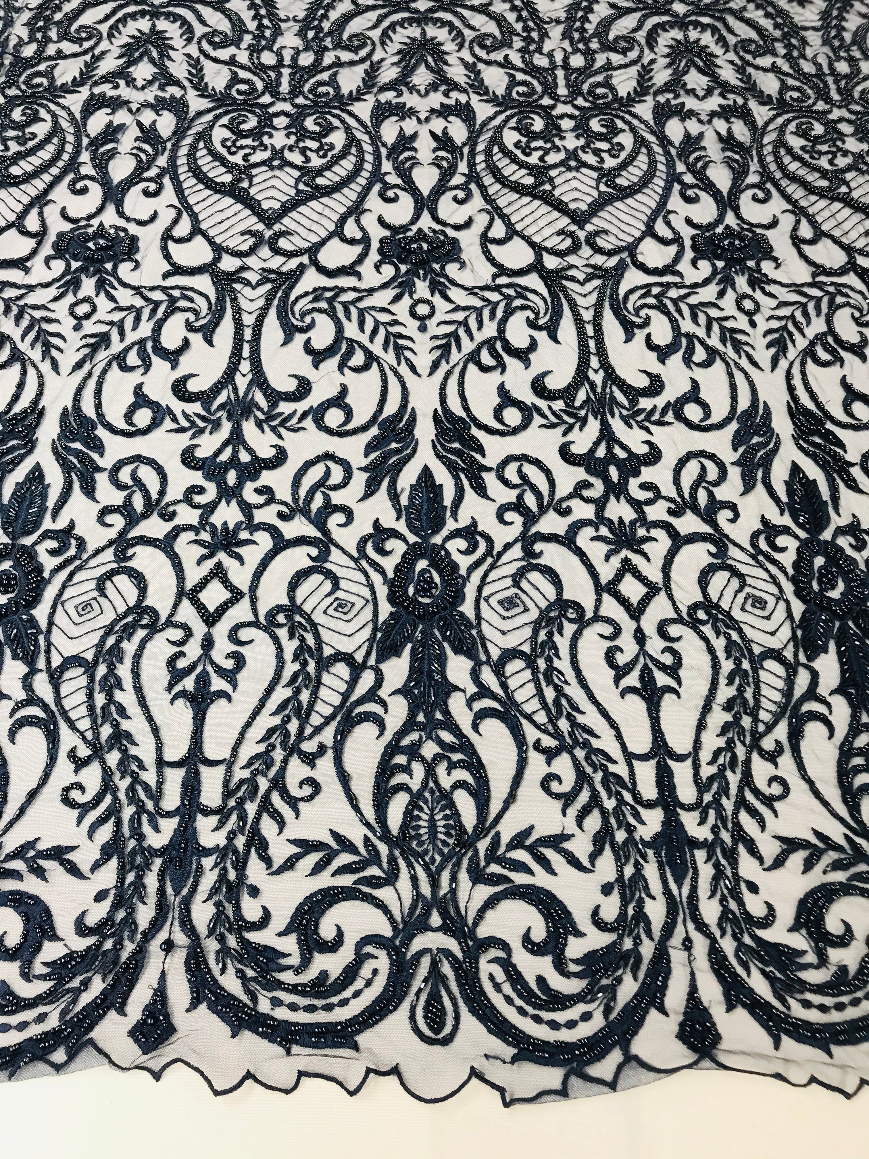 Glam Damask Beaded Fabric - Navy Blue - Embroidered Elegant Fashion Fabric with Beads on Mesh