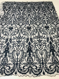Glam Damask Beaded Fabric - Navy Blue - Embroidered Elegant Fashion Fabric with Beads on Mesh
