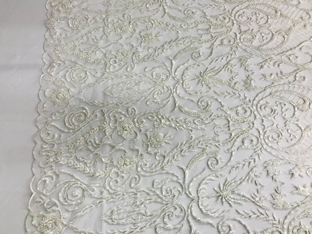 Glam Damask Beaded Fabric - Ivory - Embroidered Elegant Fashion Fabric with Beads on Mesh