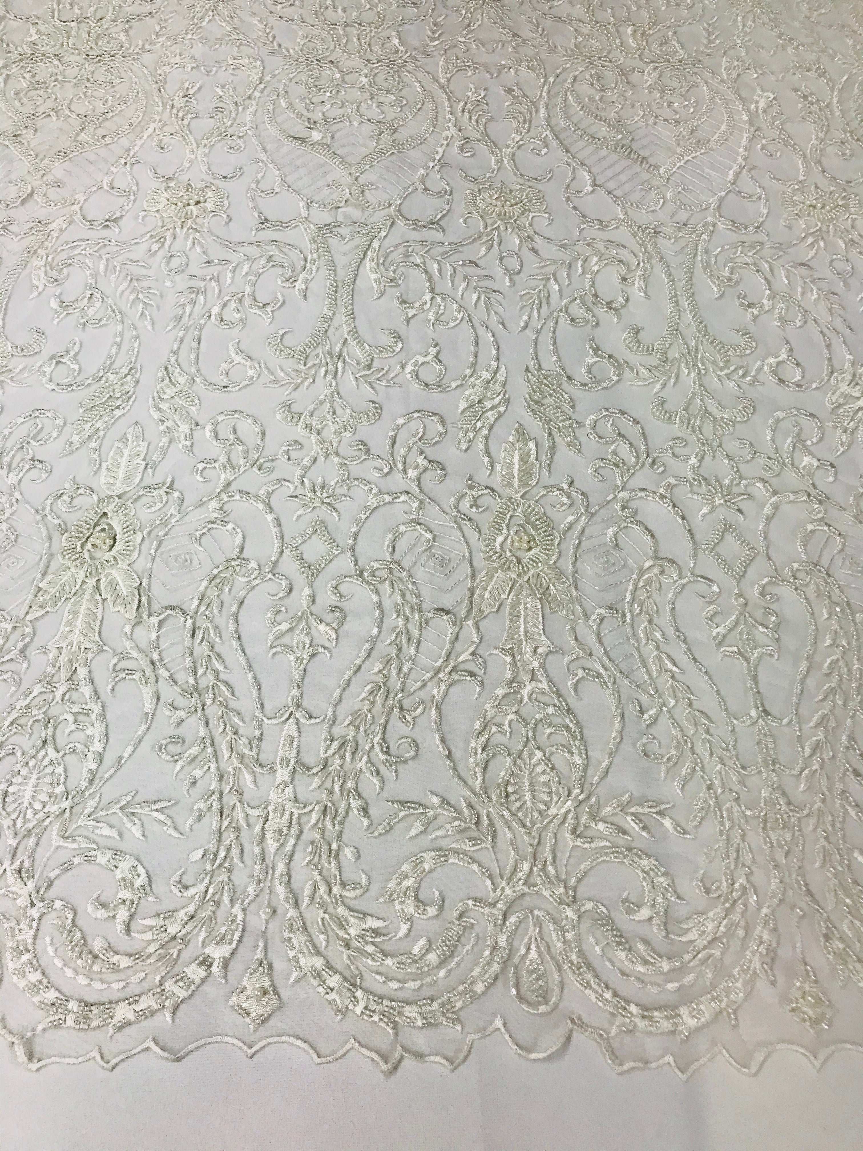 Glam Damask Beaded Fabric - Ivory - Embroidered Elegant Fashion Fabric with Beads on Mesh