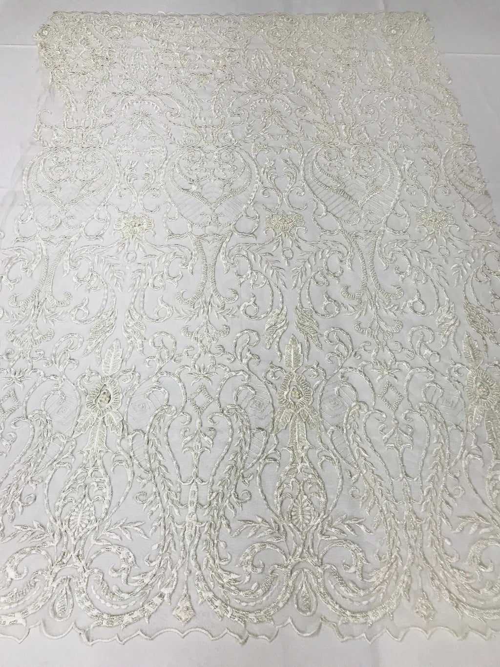 Glam Damask Beaded Fabric - Ivory - Embroidered Elegant Fashion Fabric with Beads on Mesh