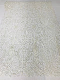 Glam Damask Beaded Fabric - Ivory - Embroidered Elegant Fashion Fabric with Beads on Mesh