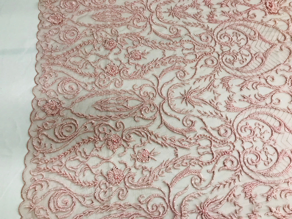 Glam Damask Beaded Fabric - Pink - Embroidered Elegant Fashion Fabric with Beads on Mesh