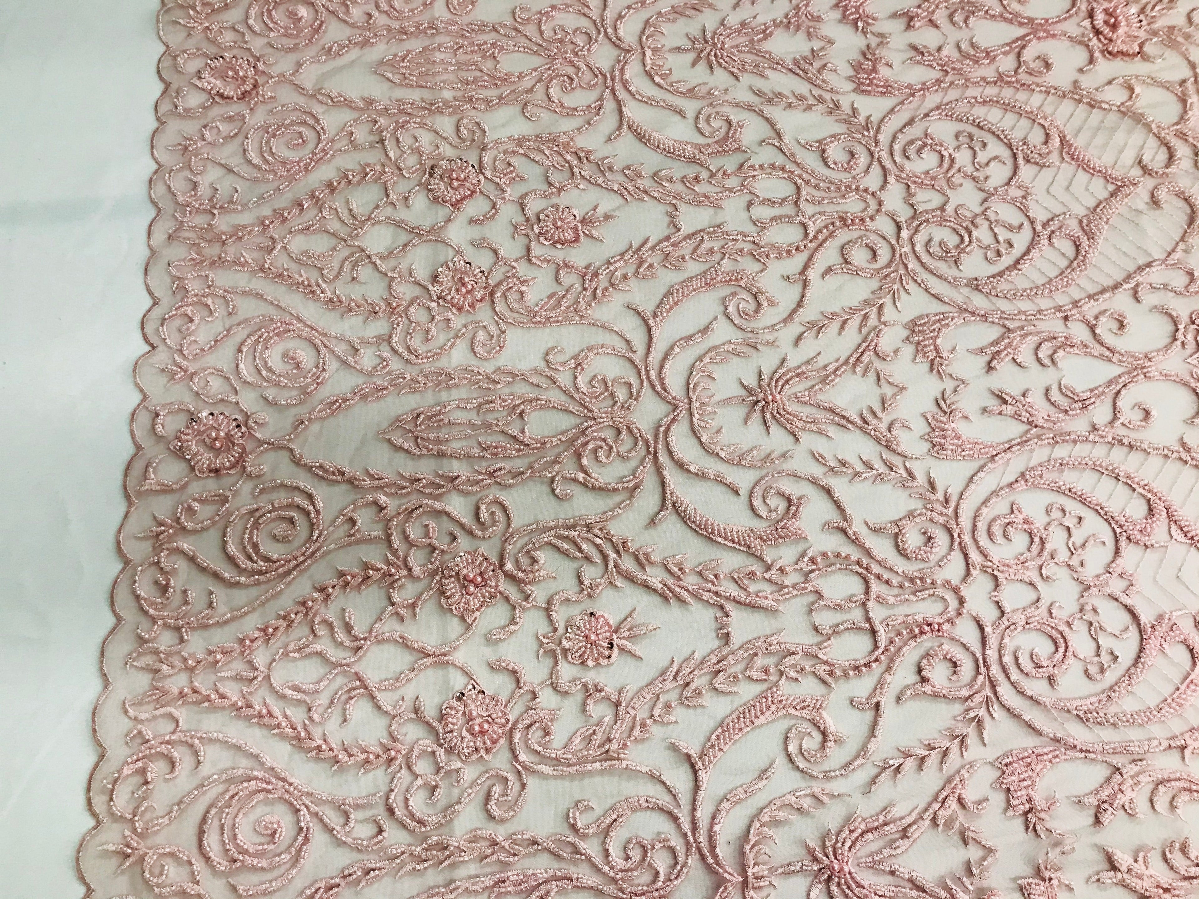 Glam Damask Beaded Fabric - Pink - Embroidered Elegant Fashion Fabric with Beads on Mesh