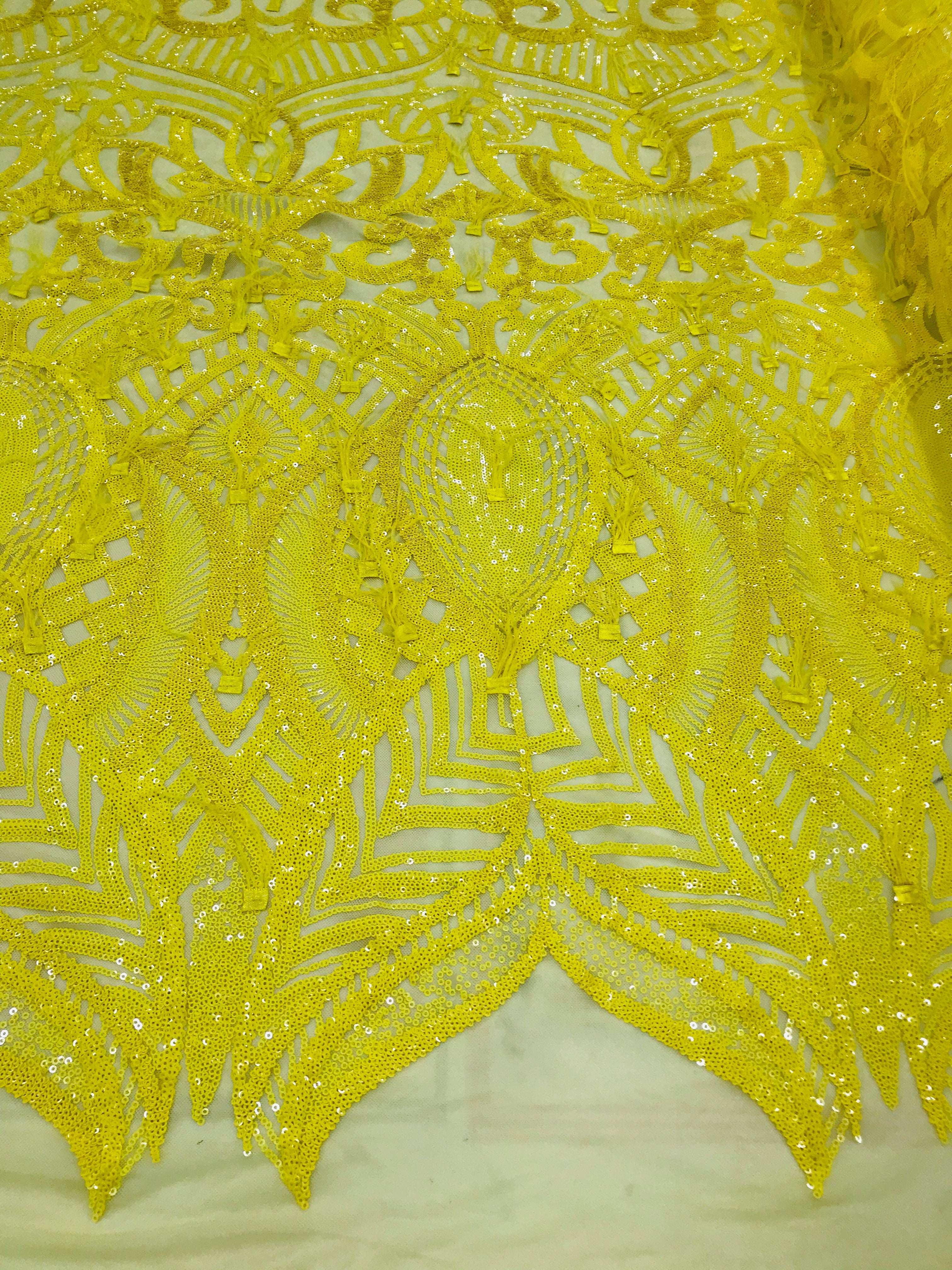 Luxury Feather Sequins - Yellow - 4 Way Stretch Glamorous Fringe Feather Sequins Fabric