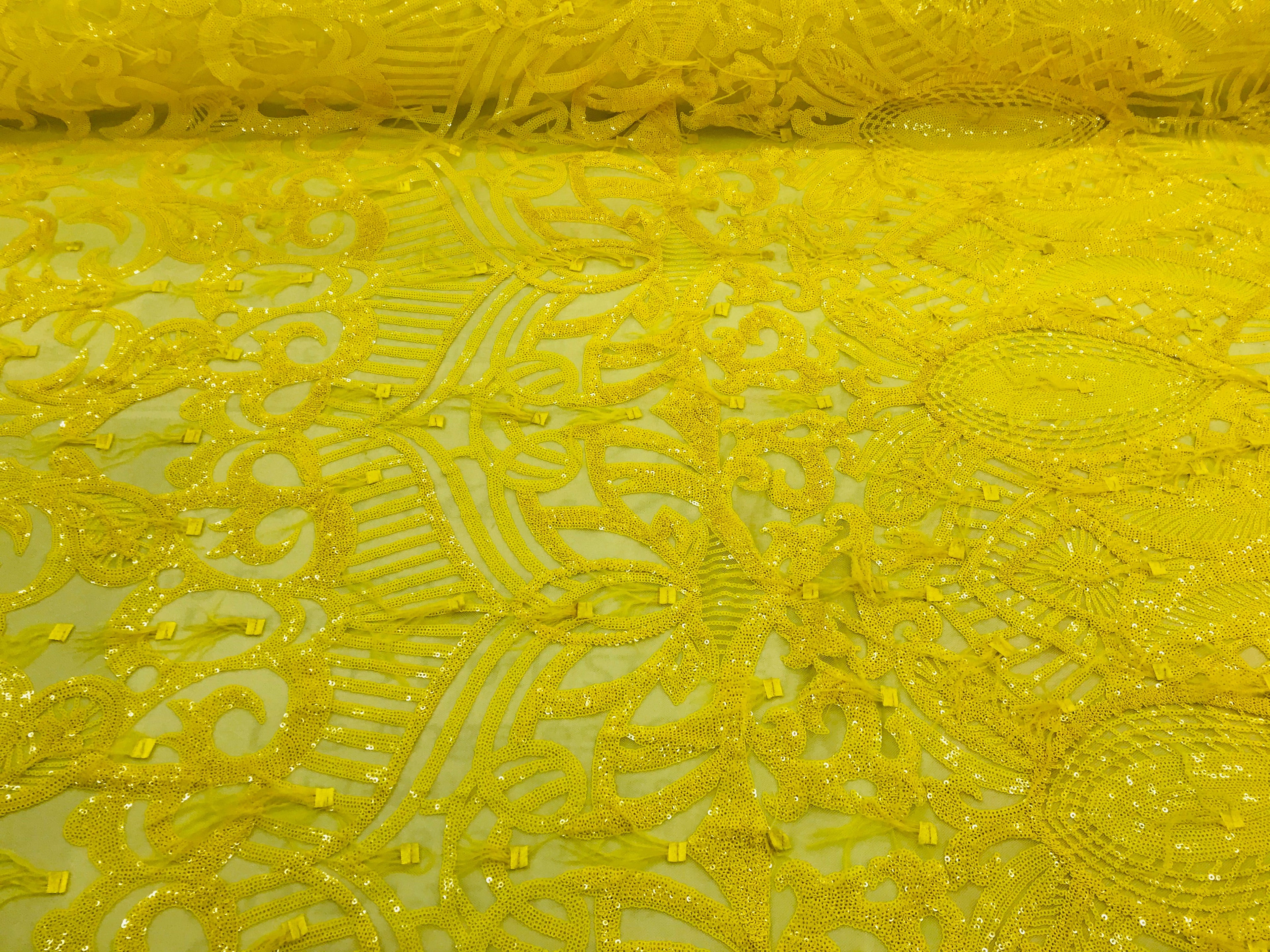 Luxury Feather Sequins - Yellow - 4 Way Stretch Glamorous Fringe Feather Sequins Fabric