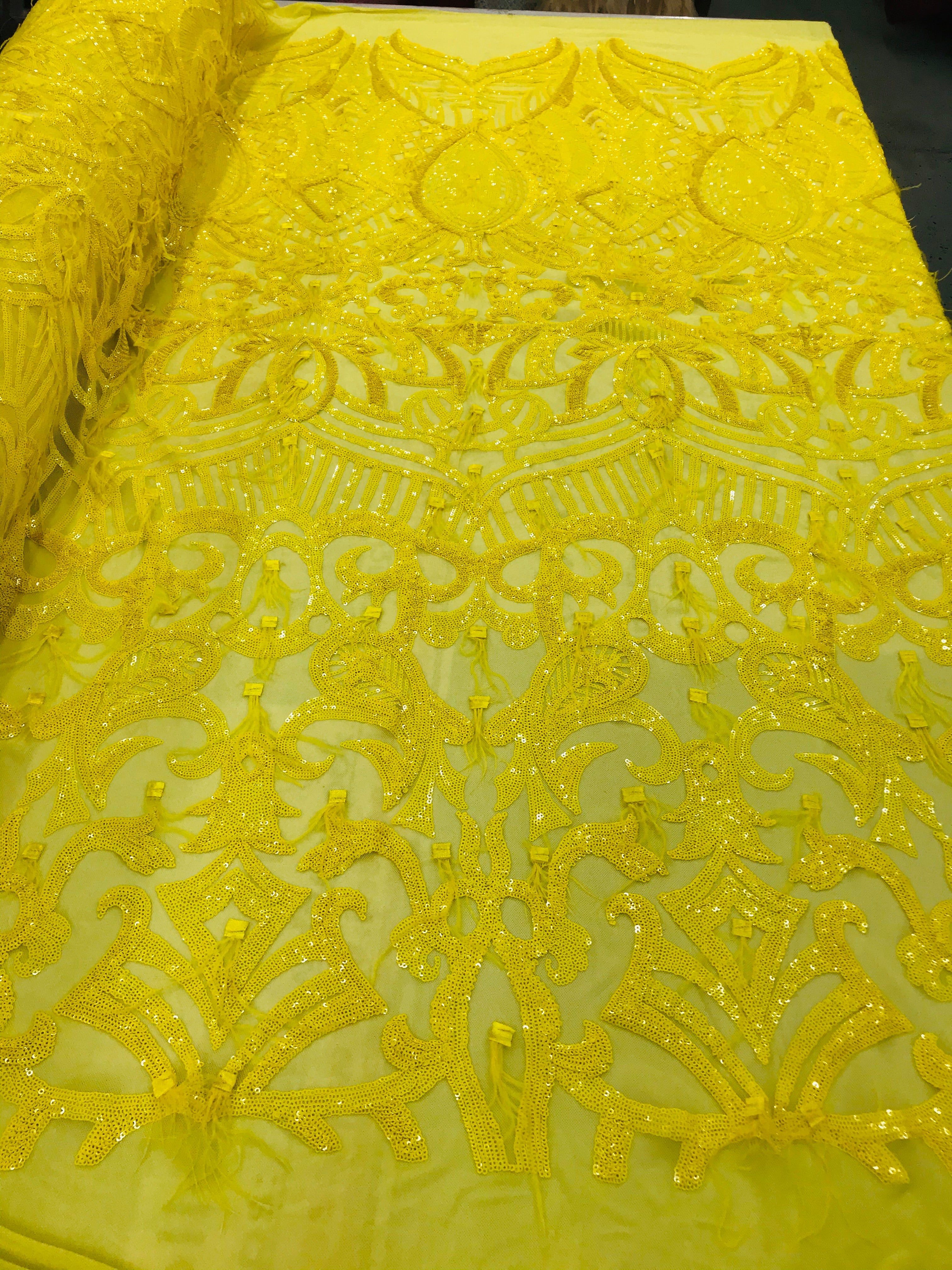 Luxury Feather Sequins - Yellow - 4 Way Stretch Glamorous Fringe Feather Sequins Fabric