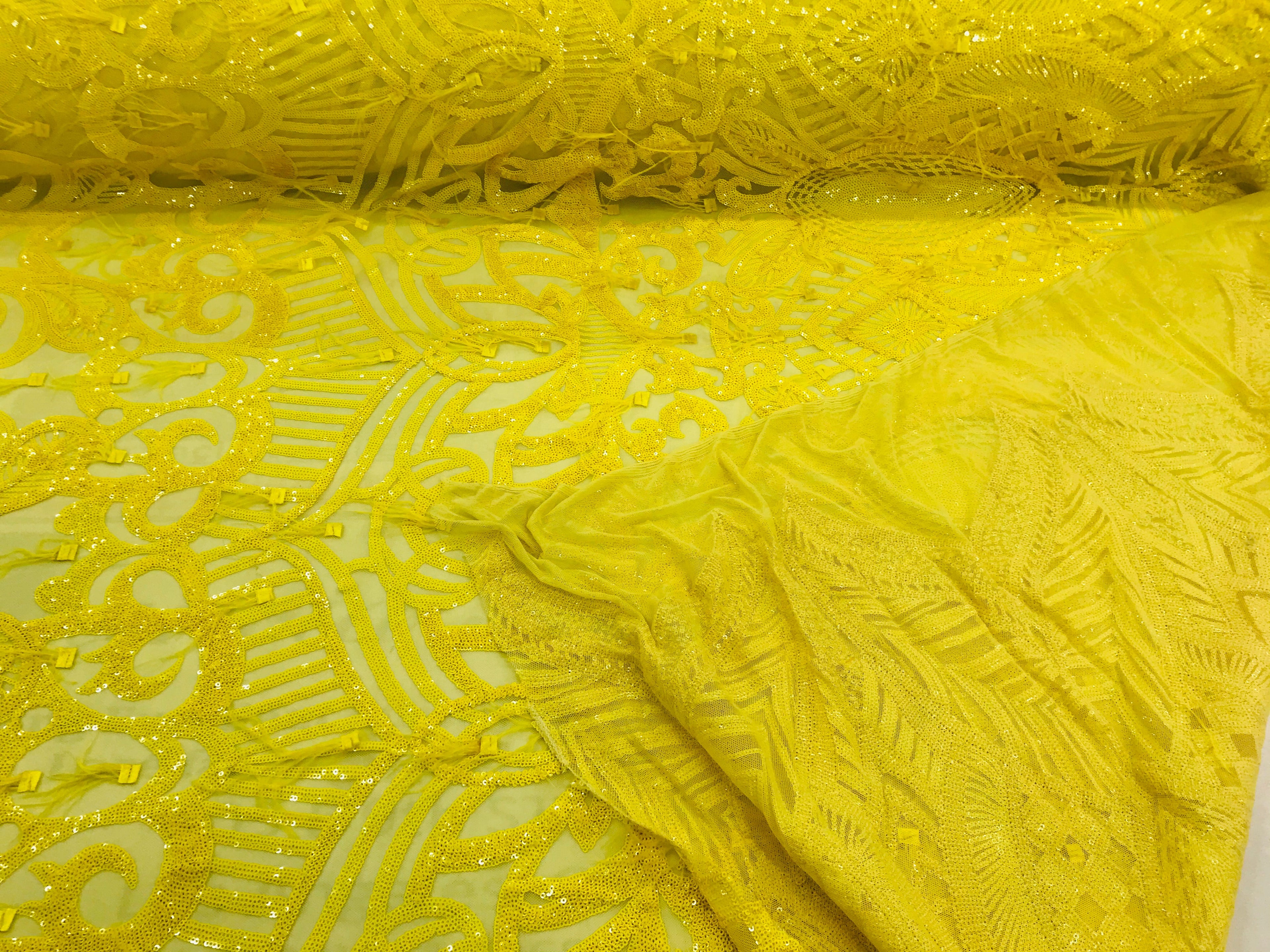 Luxury Feather Sequins - Yellow - 4 Way Stretch Glamorous Fringe Feather Sequins Fabric