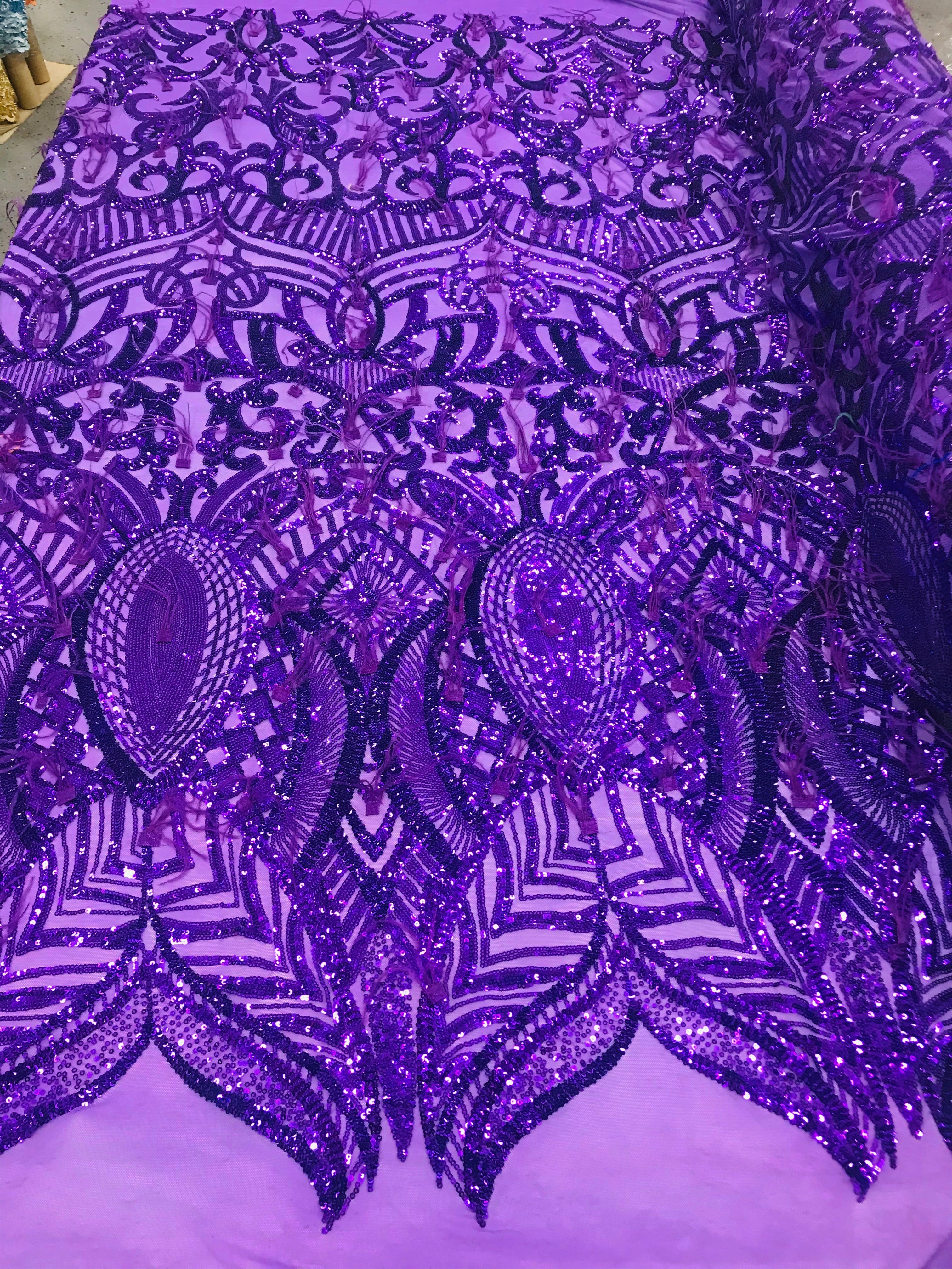 Luxury Feather Sequins - Purple - 4 Way Stretch Glamorous Fringe Feather Sequins Fabric