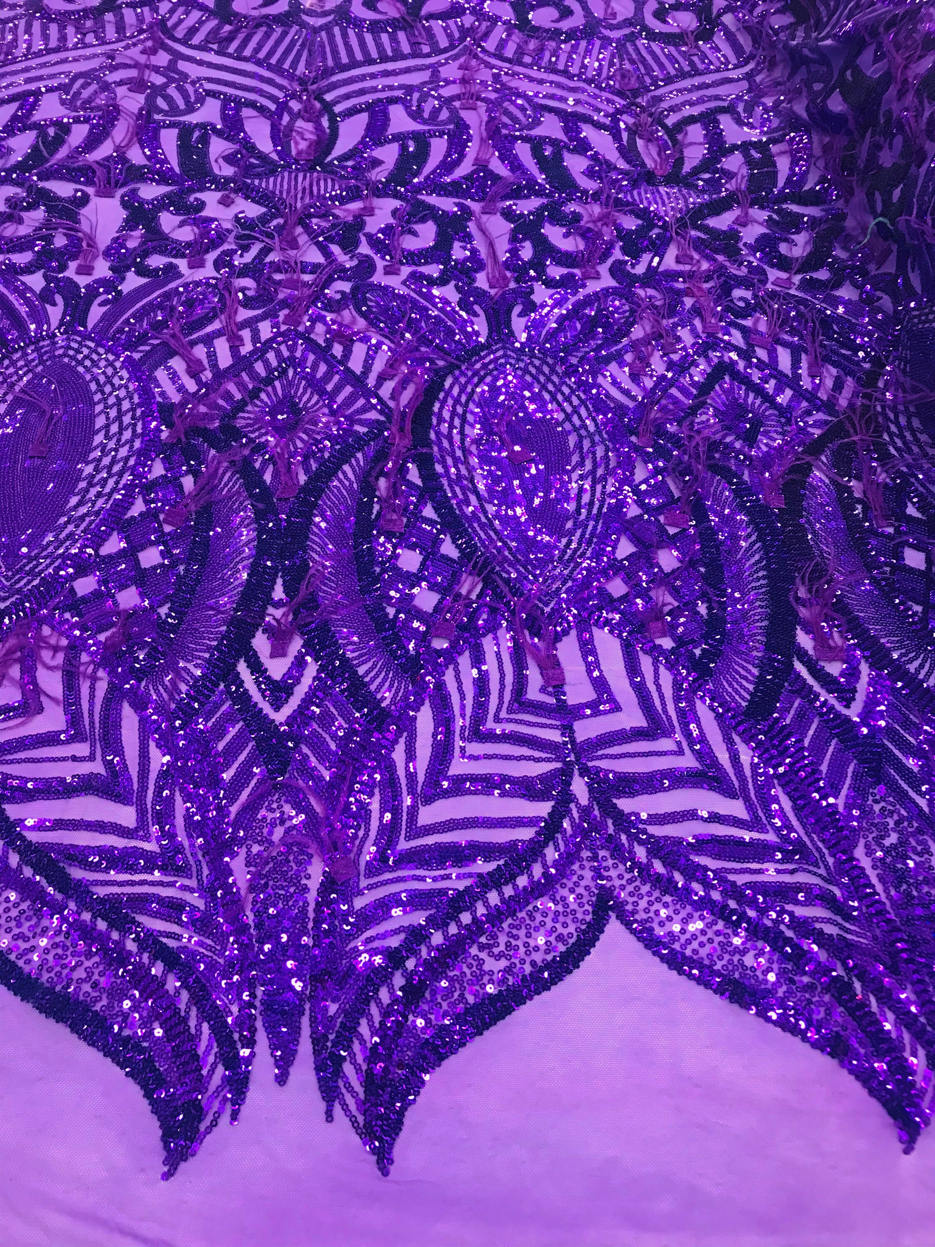 Luxury Feather Sequins - Purple - 4 Way Stretch Glamorous Fringe Feather Sequins Fabric