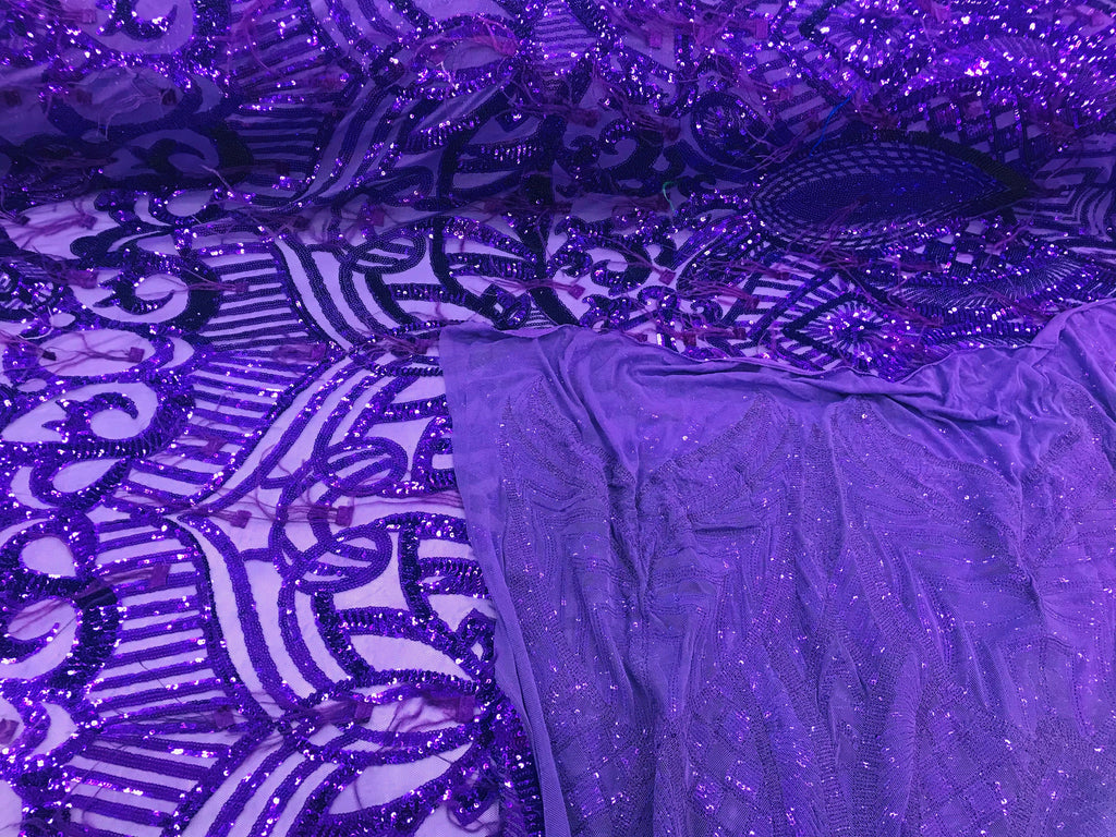 Luxury Feather Sequins - Purple - 4 Way Stretch Glamorous Fringe Feather Sequins Fabric