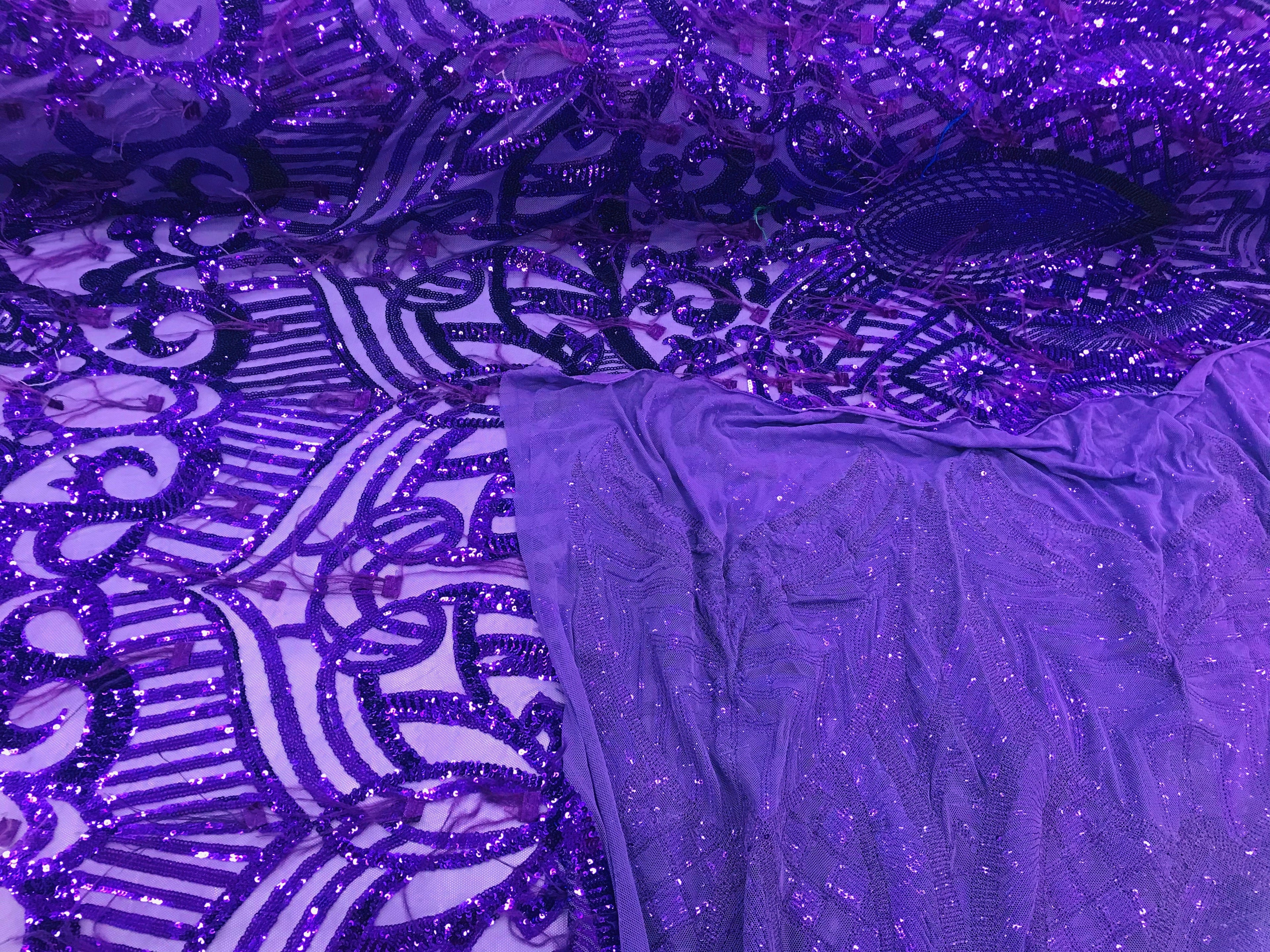 Luxury Feather Sequins - Purple - 4 Way Stretch Glamorous Fringe Feather Sequins Fabric