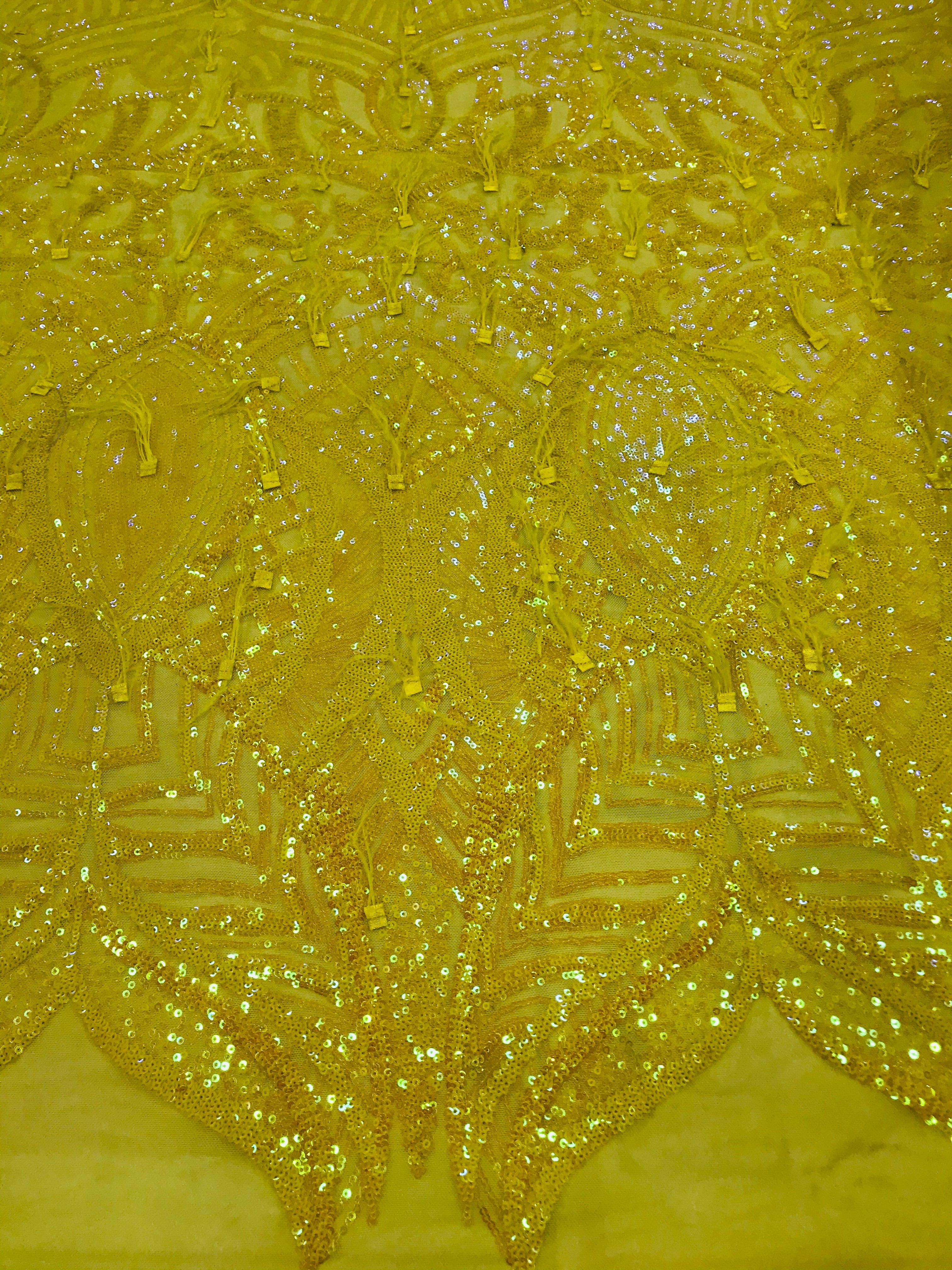 Luxury Feather Sequins - Iridescent Yellow - 4 Way Stretch Glamorous Fringe Feather Sequins Fabric