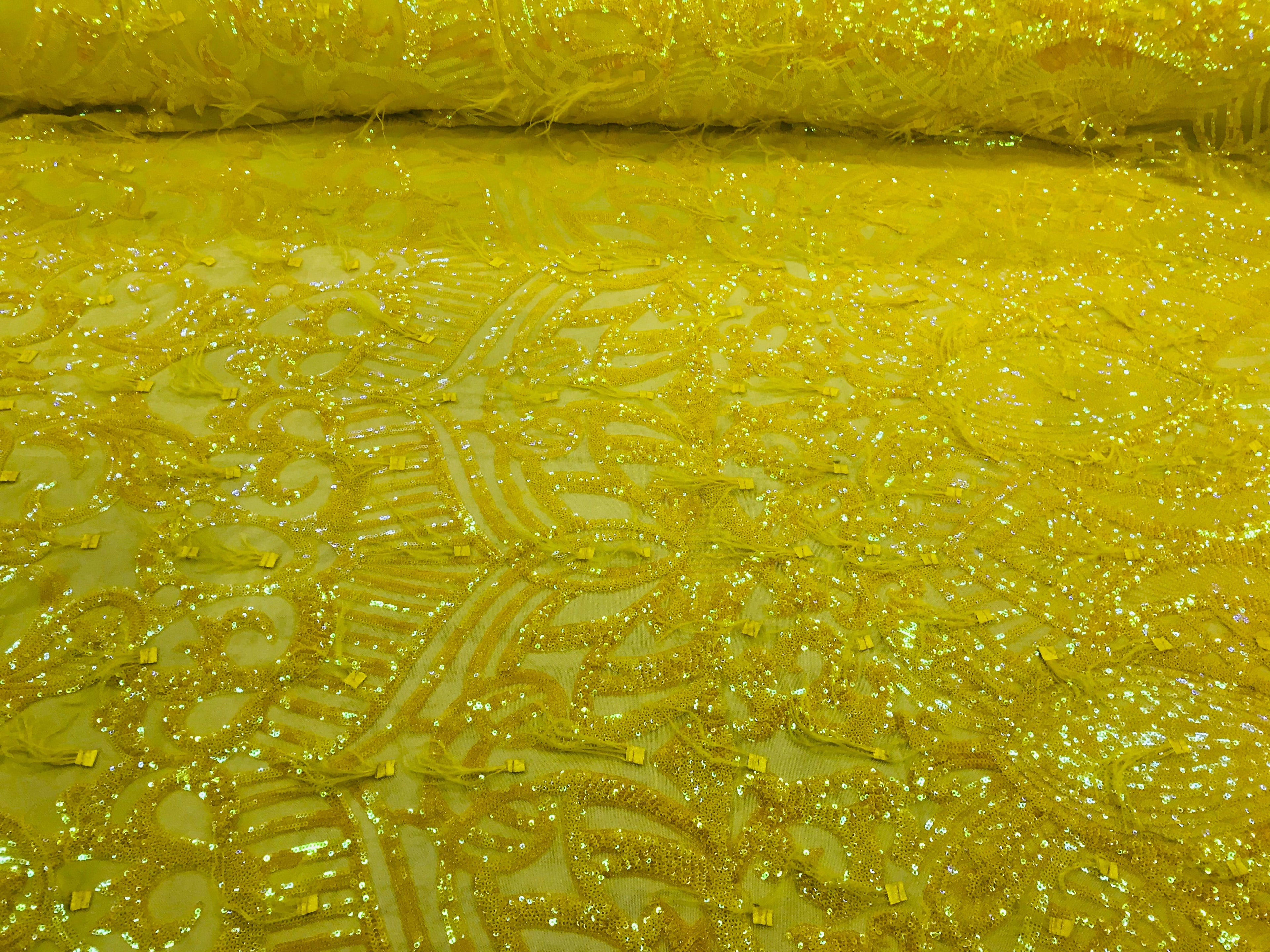 Luxury Feather Sequins - Iridescent Yellow - 4 Way Stretch Glamorous Fringe Feather Sequins Fabric