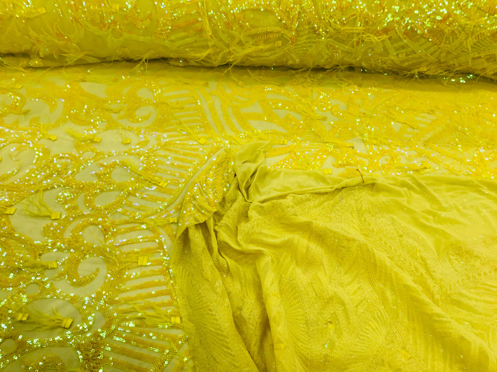 Luxury Feather Sequins - Iridescent Yellow - 4 Way Stretch Glamorous Fringe Feather Sequins Fabric