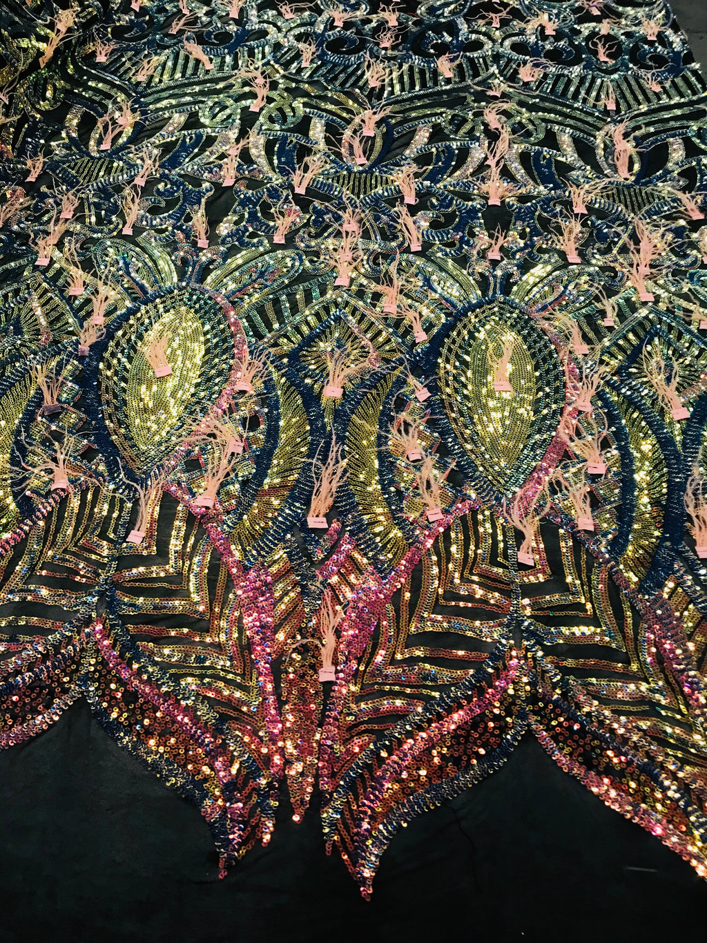 Luxury Feather Sequins - Iridescent Rainbow - 4 Way Stretch Glamorous Fringe Feather Sequins Fabric