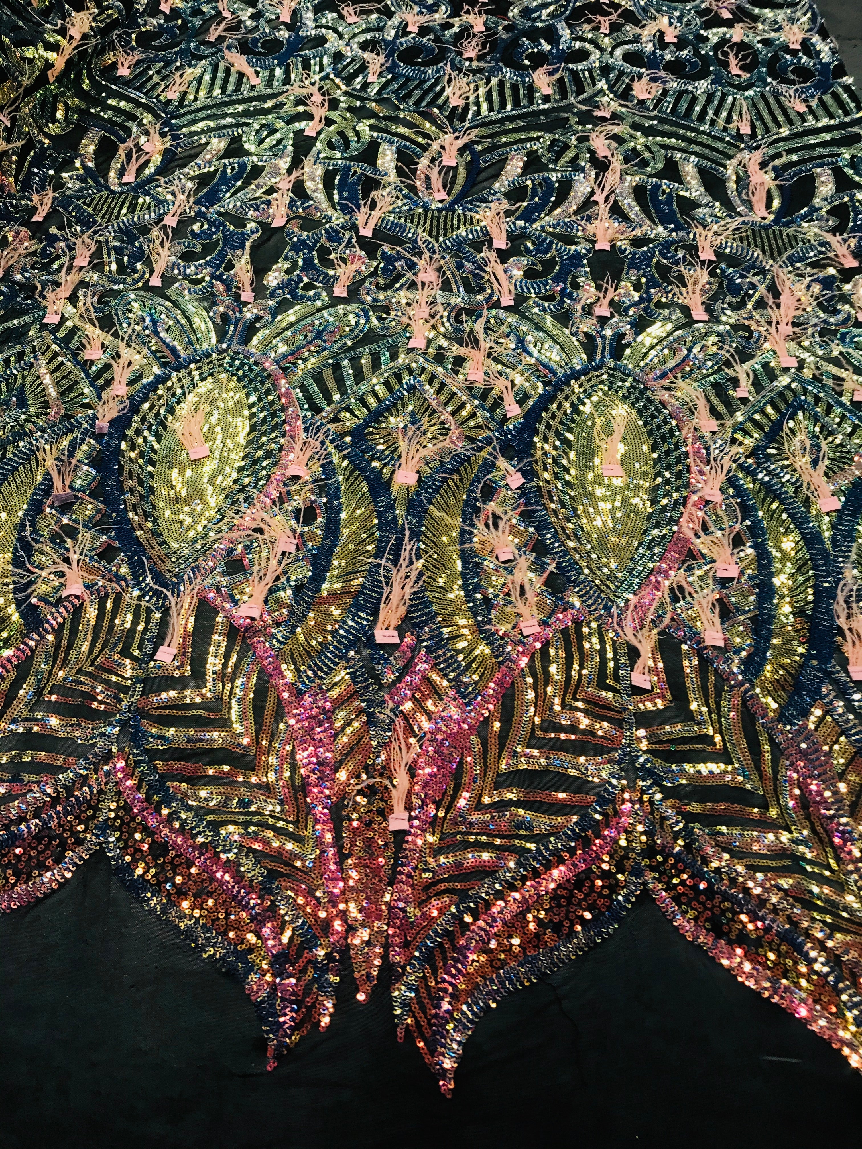 Luxury Feather Sequins - Iridescent Rainbow - 4 Way Stretch Glamorous Fringe Feather Sequins Fabric
