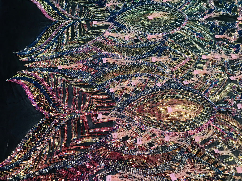 Luxury Feather Sequins - Iridescent Rainbow - 4 Way Stretch Glamorous Fringe Feather Sequins Fabric