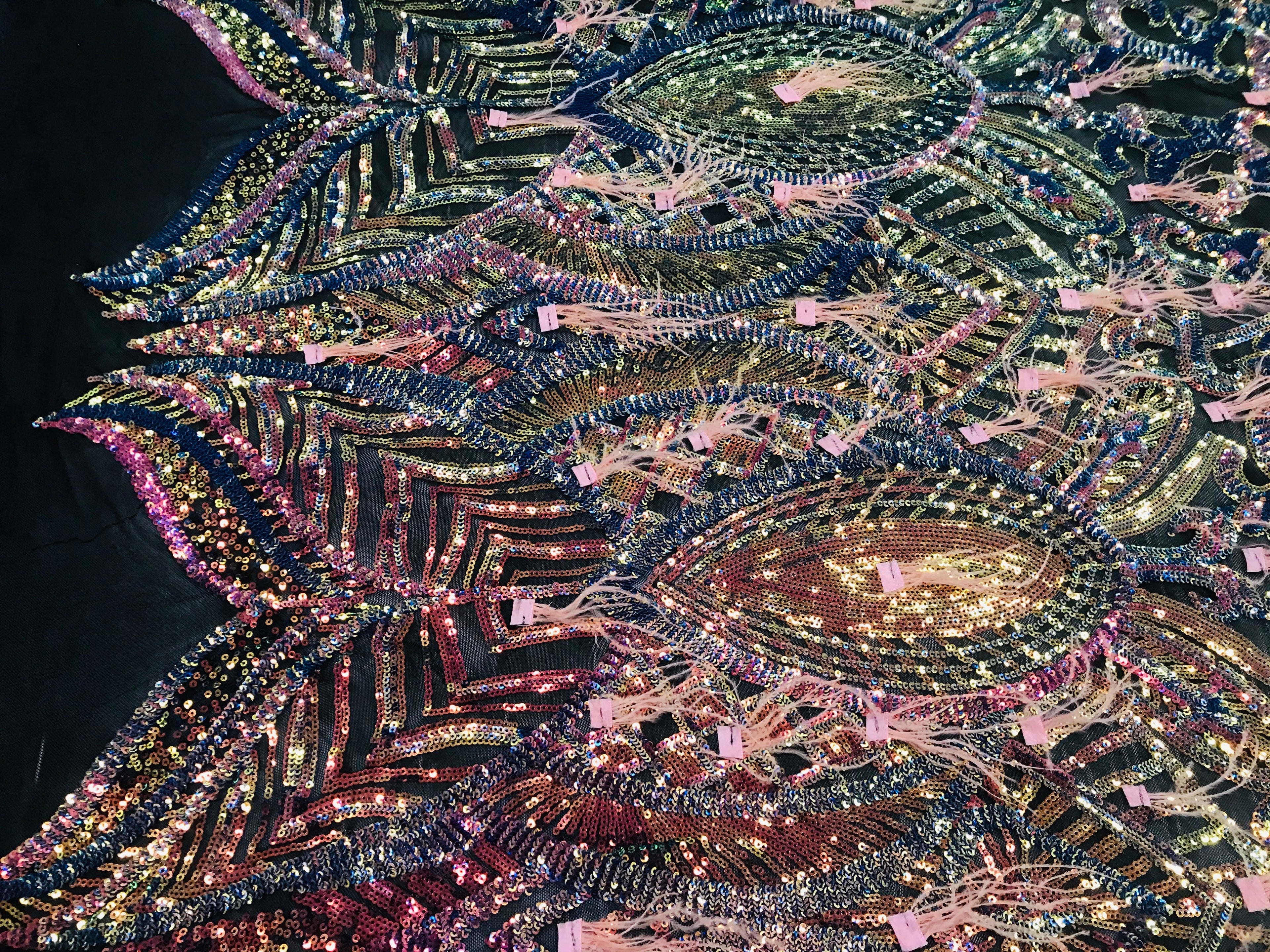 Luxury Feather Sequins - Iridescent Rainbow - 4 Way Stretch Glamorous Fringe Feather Sequins Fabric