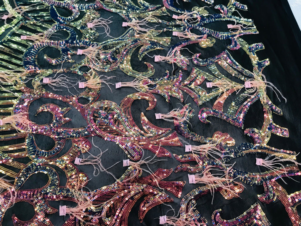 Luxury Feather Sequins - Iridescent Rainbow - 4 Way Stretch Glamorous Fringe Feather Sequins Fabric