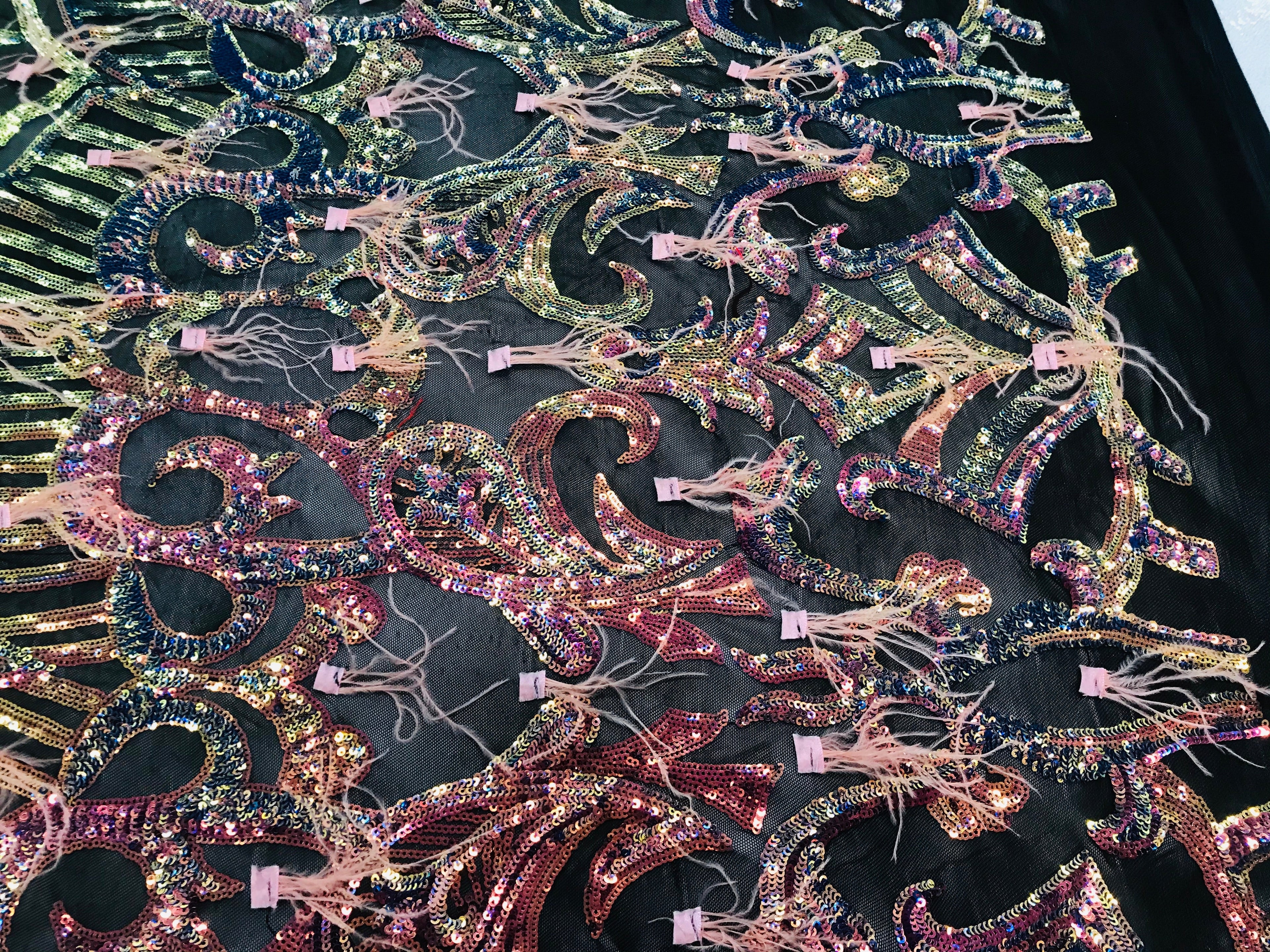Luxury Feather Sequins - Iridescent Rainbow - 4 Way Stretch Glamorous Fringe Feather Sequins Fabric