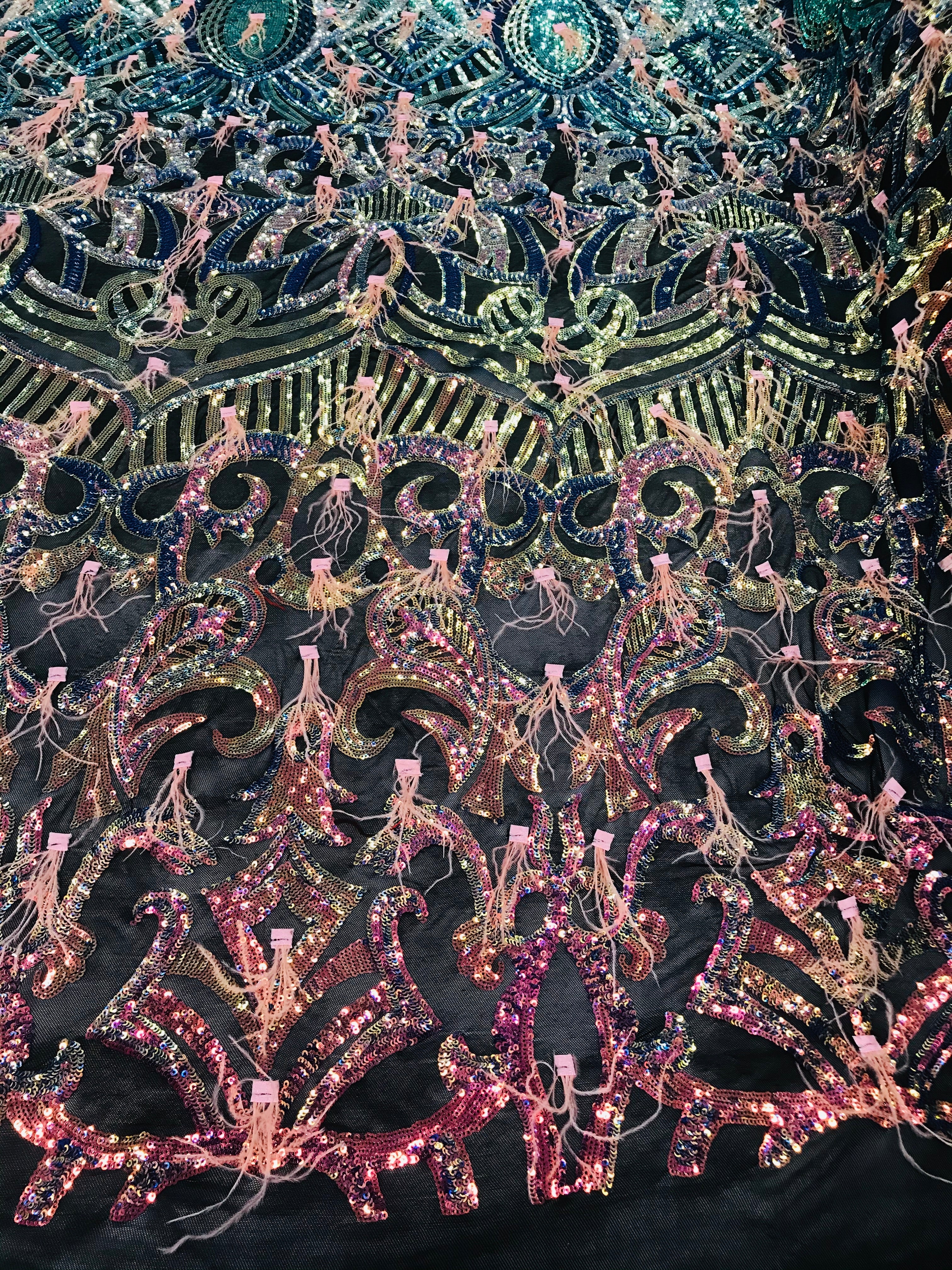 Luxury Feather Sequins - Iridescent Rainbow - 4 Way Stretch Glamorous Fringe Feather Sequins Fabric