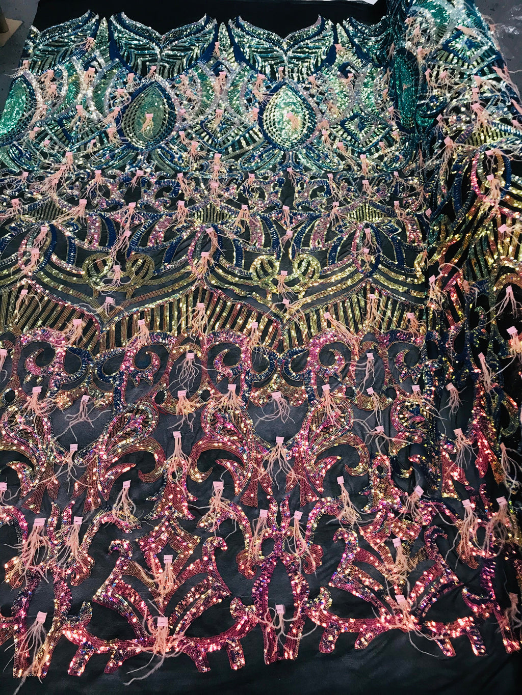 Luxury Feather Sequins - Iridescent Rainbow - 4 Way Stretch Glamorous Fringe Feather Sequins Fabric
