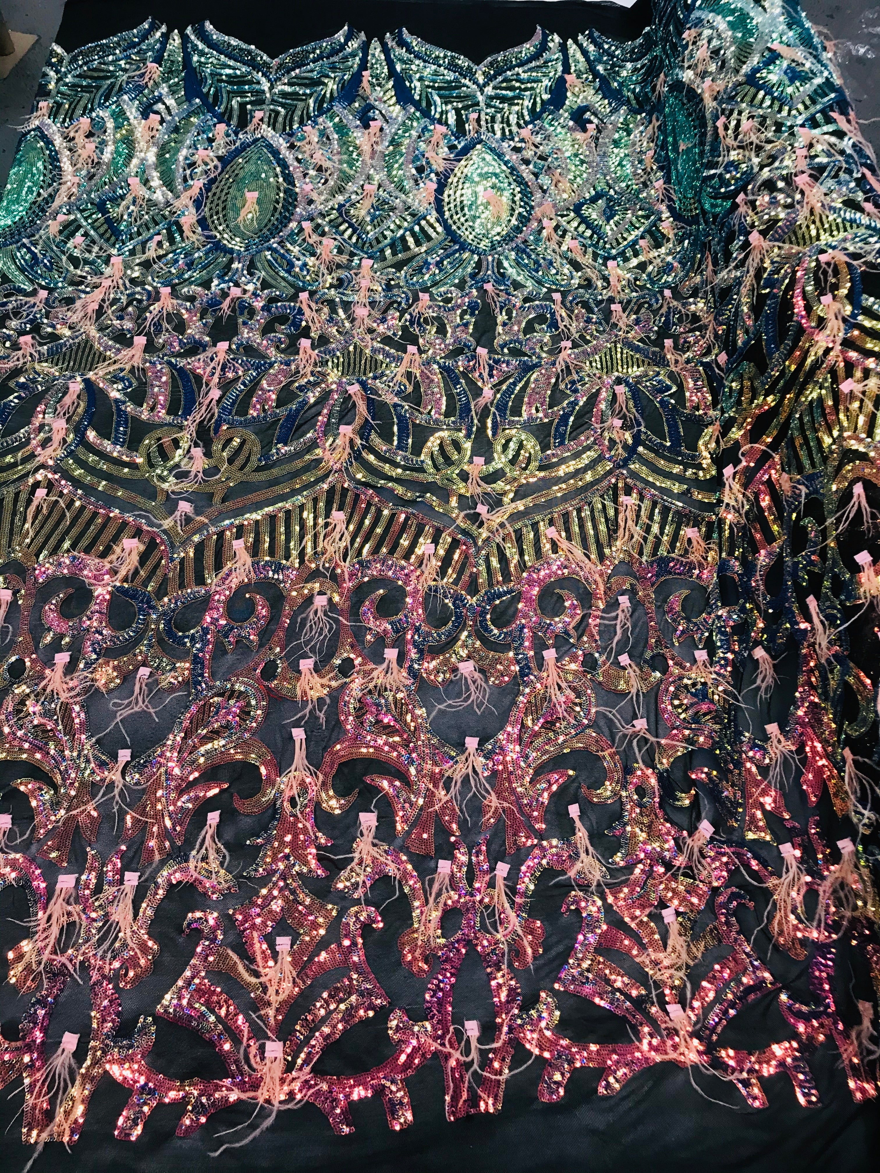 Luxury Feather Sequins - Iridescent Rainbow - 4 Way Stretch Glamorous Fringe Feather Sequins Fabric