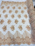 Beaded Fabric - Blush Peach - Hand Embroidery Lace Bridal Floral Mesh Dress Fabric By Yard
