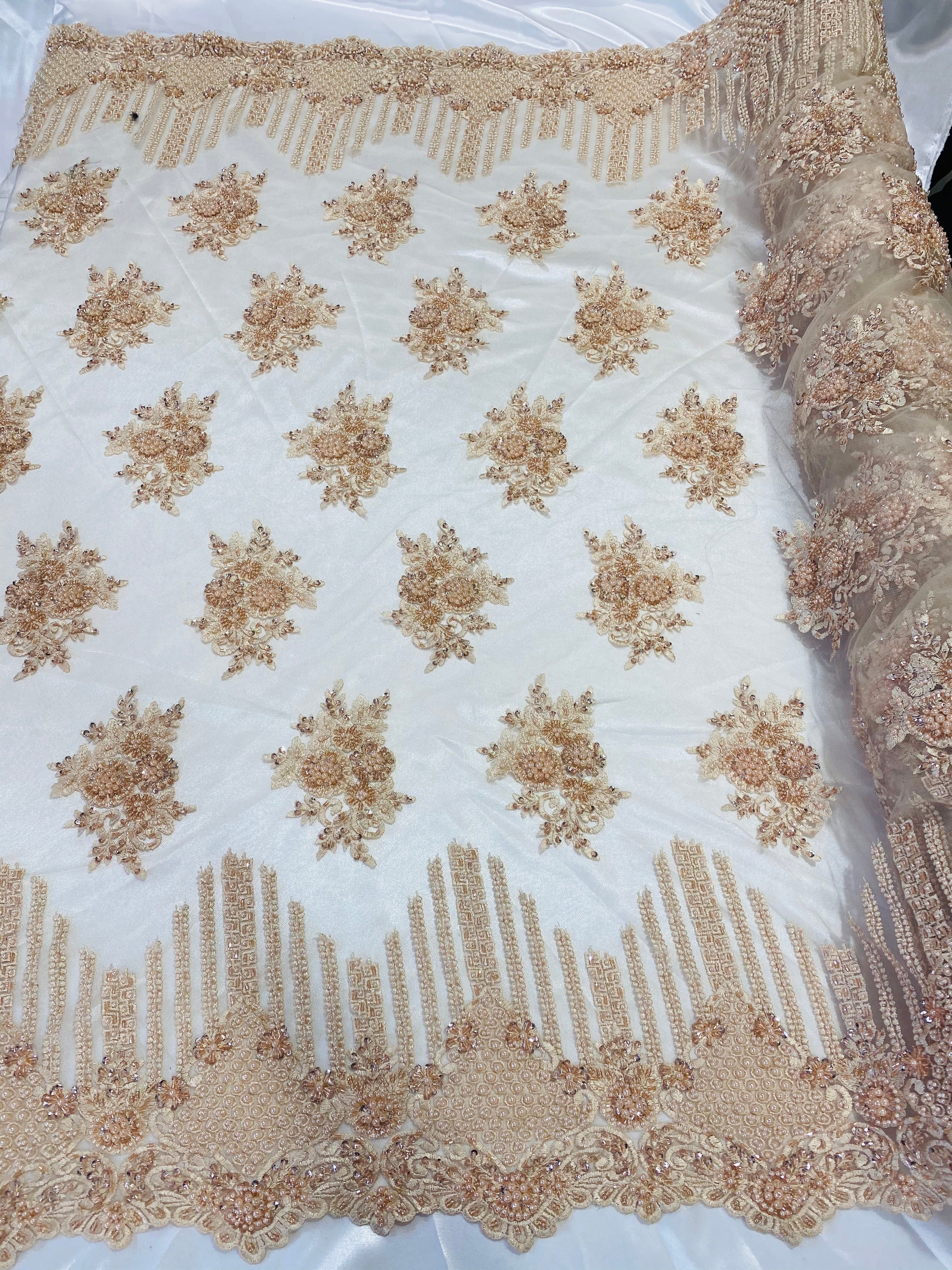 Beaded Fabric - Blush Peach - Hand Embroidery Lace Bridal Floral Mesh Dress Fabric By Yard