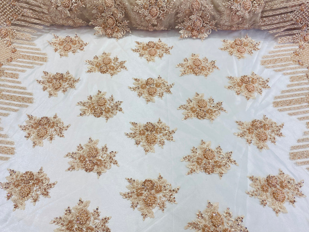 Beaded Fabric - Blush Peach - Hand Embroidery Lace Bridal Floral Mesh Dress Fabric By Yard