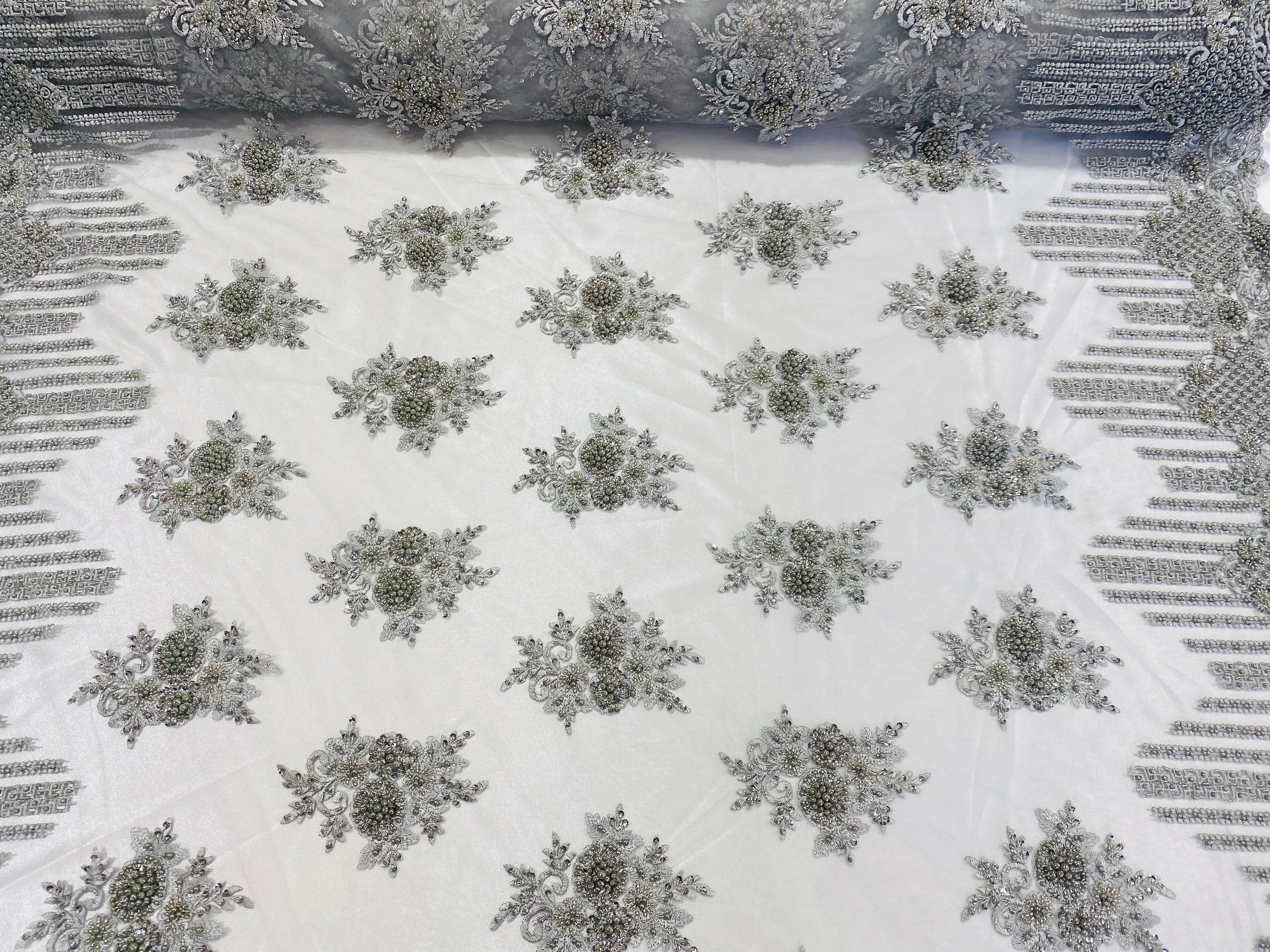 Beaded Fabric - Silver - Hand Embroidery Lace Bridal Floral Mesh Dress Fabric By Yard