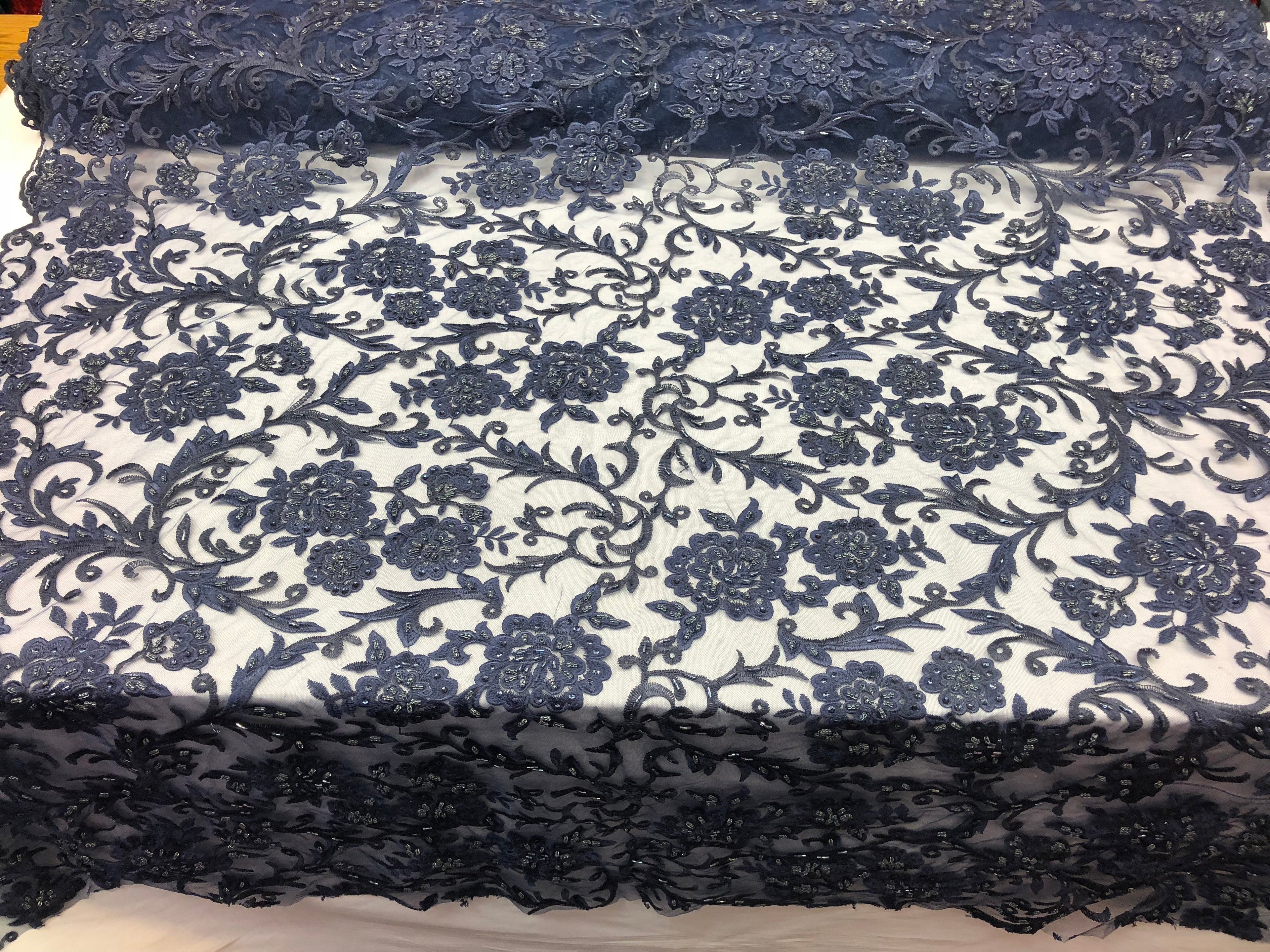 Beaded Floral - NAVY BLUE - Luxury Wedding Bridal Embroidery Lace Fabric Sold By The Yard