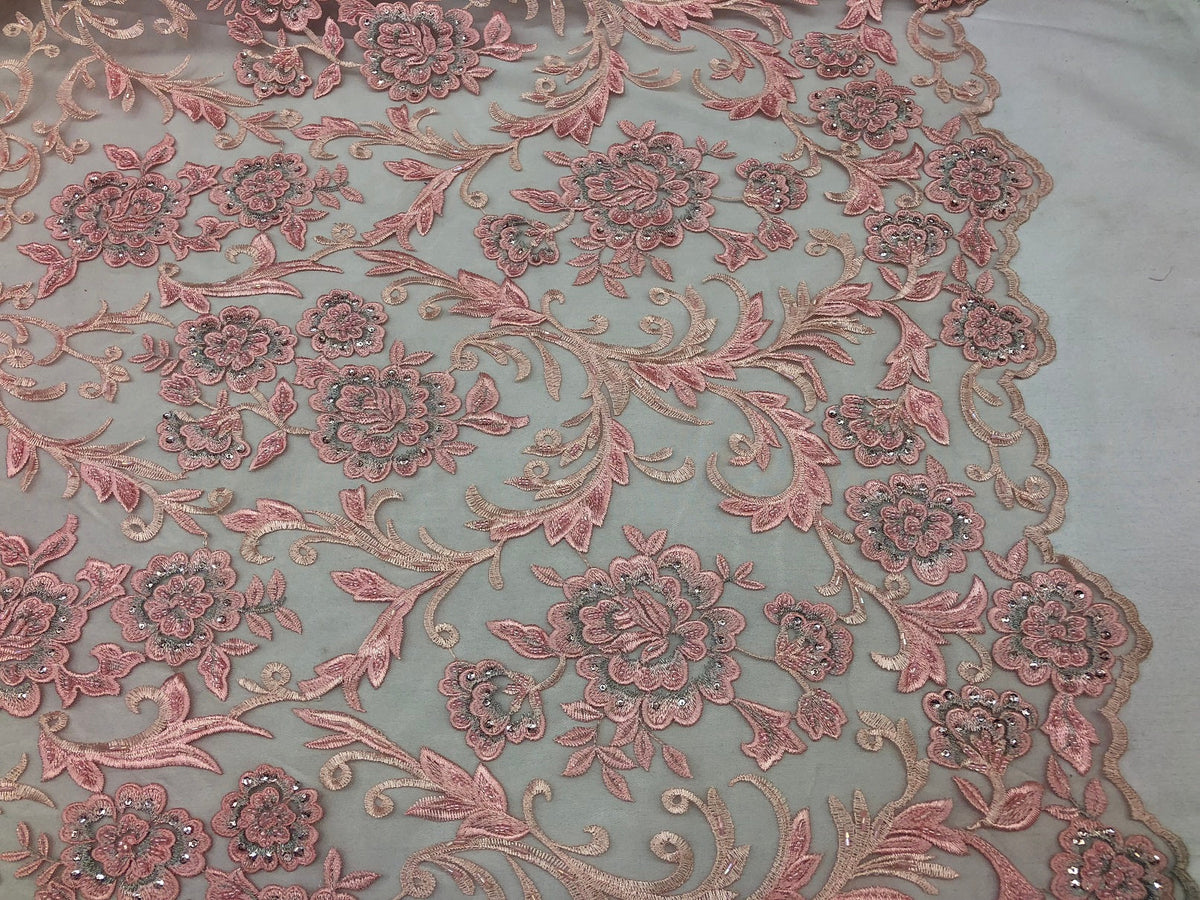 Sample 1/4 of Yard Beaded Floral - PINK - Luxury Wedding Bridal Embroidery Lace Fabric