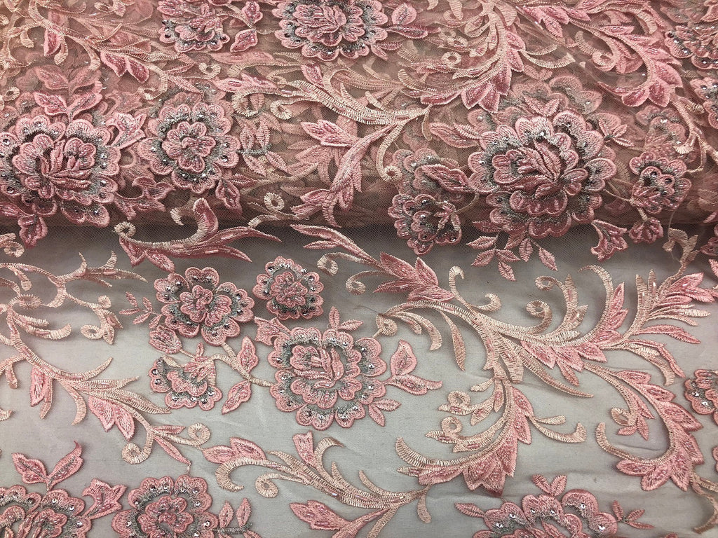 Beaded Floral - PINK - Luxury Wedding Bridal Embroidery Lace Fabric Sold By The Yard