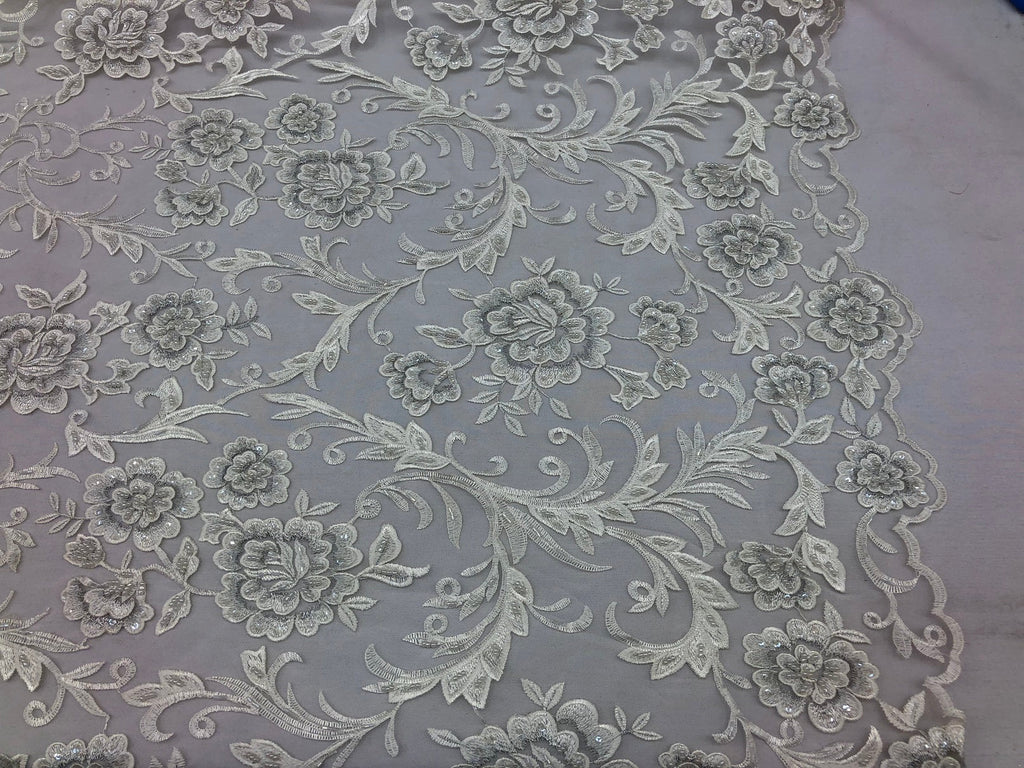 Beaded Floral - IVORY - Luxury Wedding Bridal Embroidery Lace Fabric Sold By The Yard