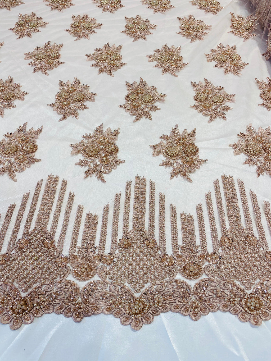Beaded Fabric - Blush Rose - Hand Embroidery Lace Bridal Floral Mesh Dress Fabric By Yard