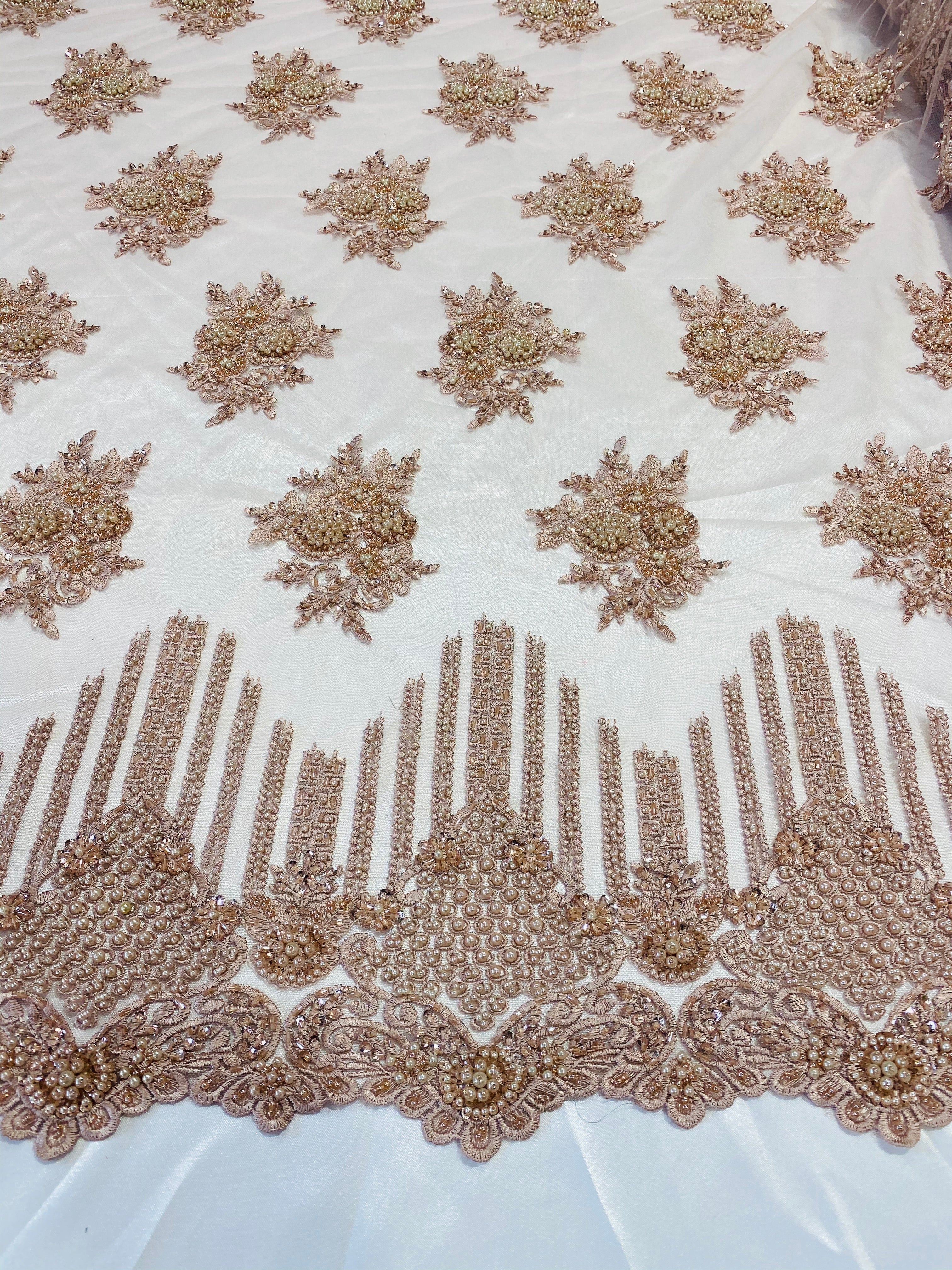 Beaded Fabric - Blush Rose - Hand Embroidery Lace Bridal Floral Mesh Dress Fabric By Yard