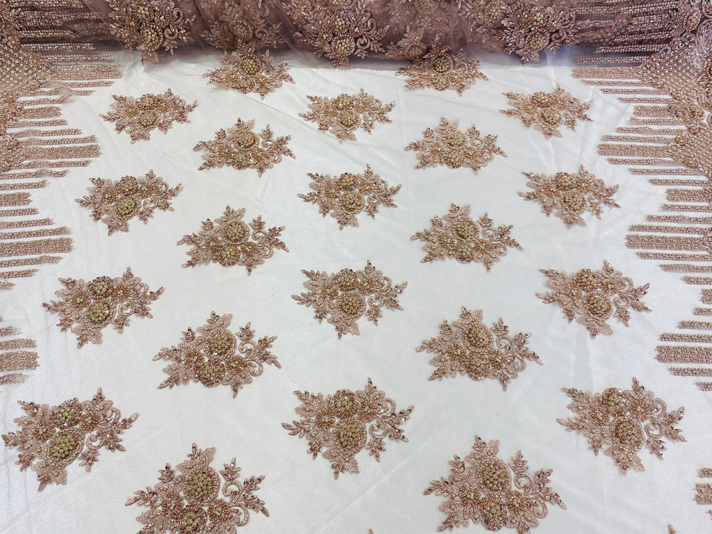 Beaded Fabric - Blush Rose - Hand Embroidery Lace Bridal Floral Mesh Dress Fabric By Yard