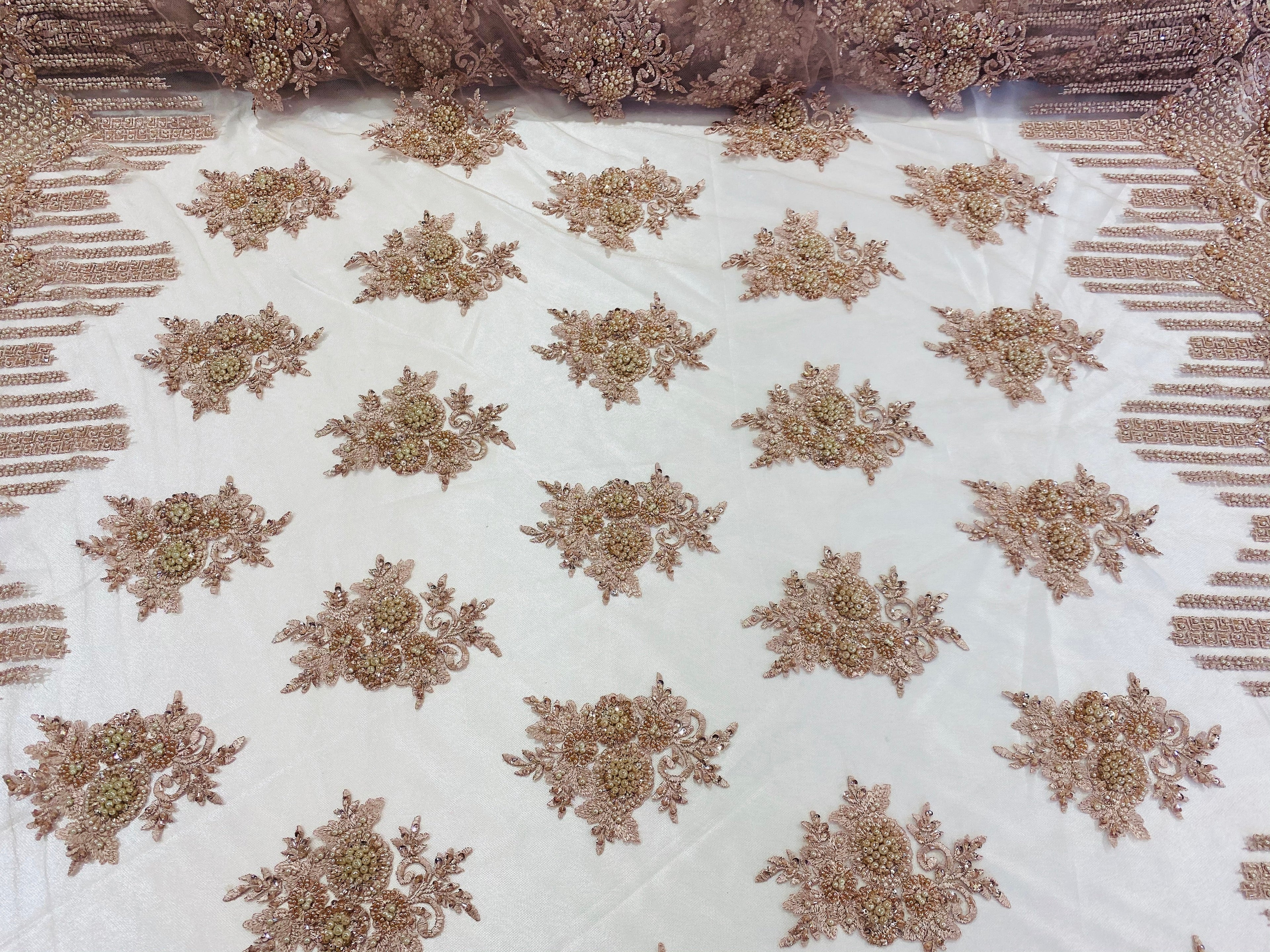 Beaded Fabric - Blush Rose - Hand Embroidery Lace Bridal Floral Mesh Dress Fabric By Yard