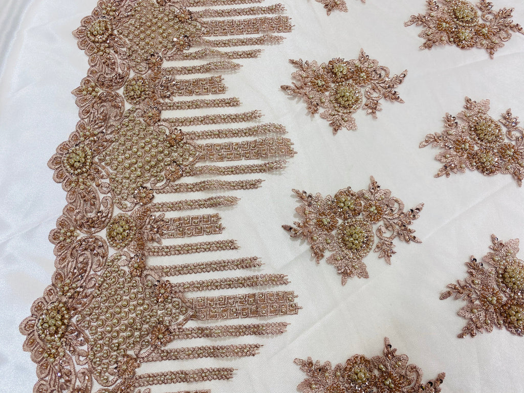 Beaded Fabric - Blush Rose - Hand Embroidery Lace Bridal Floral Mesh Dress Fabric By Yard