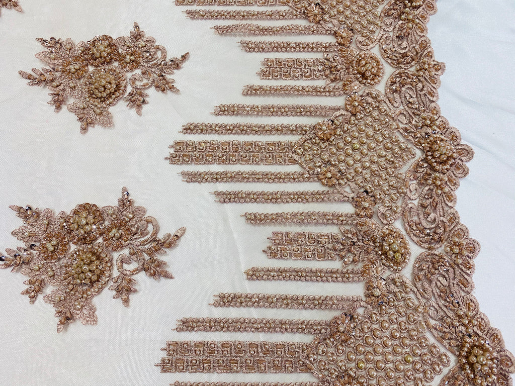 Beaded Fabric - Blush Rose - Hand Embroidery Lace Bridal Floral Mesh Dress Fabric By Yard