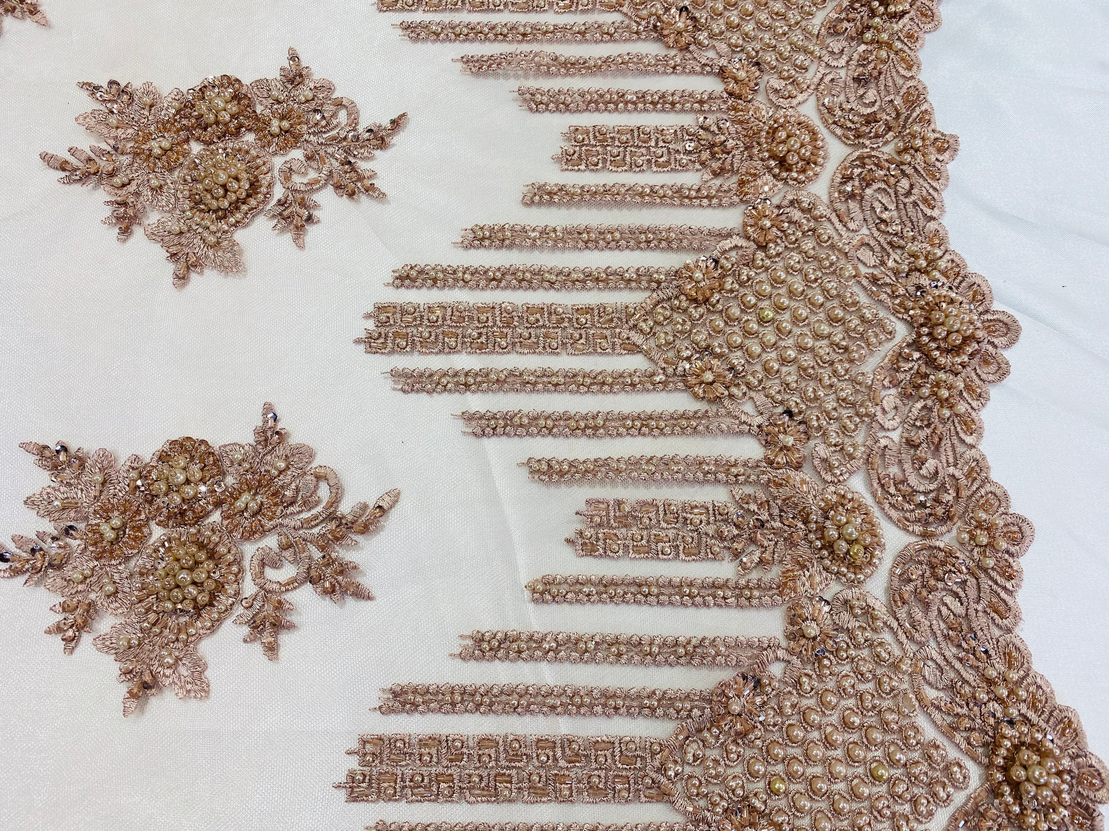 Beaded Fabric - Blush Rose - Hand Embroidery Lace Bridal Floral Mesh Dress Fabric By Yard