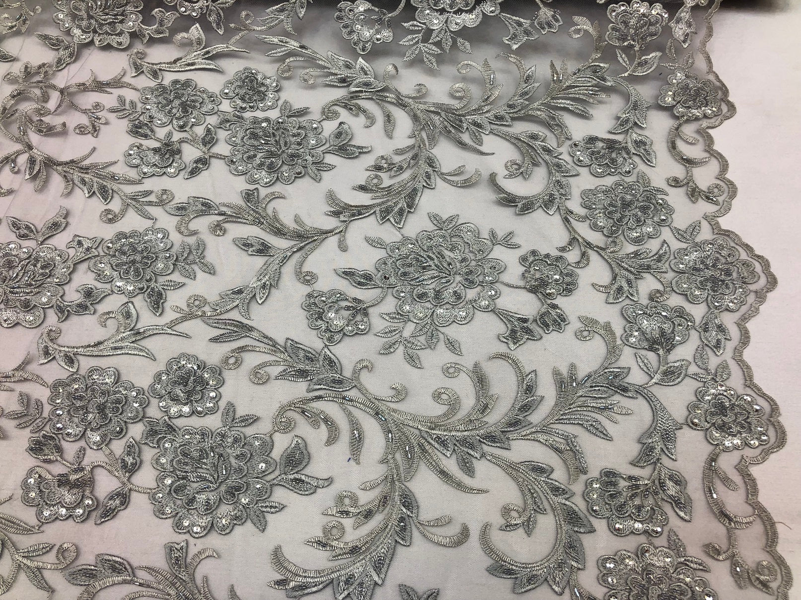 Beaded Floral - SILVER - Luxury Wedding Bridal Embroidery Lace Fabric Sold By The Yard