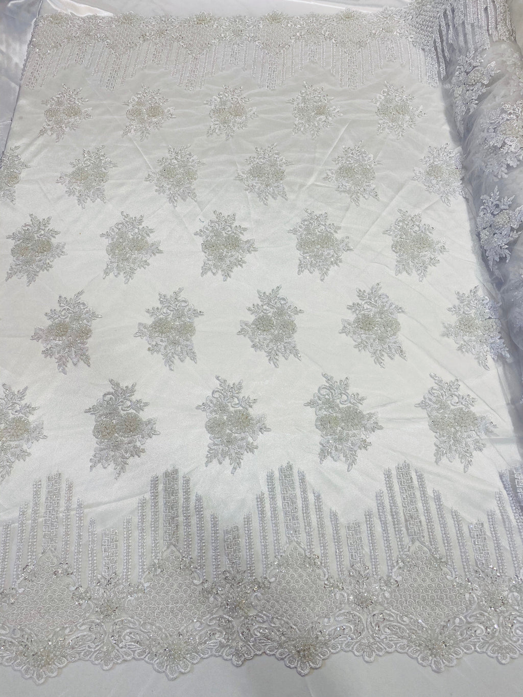 Beaded Fabric - White - Hand Embroidery Lace Bridal Floral Mesh Dress Fabric By Yard