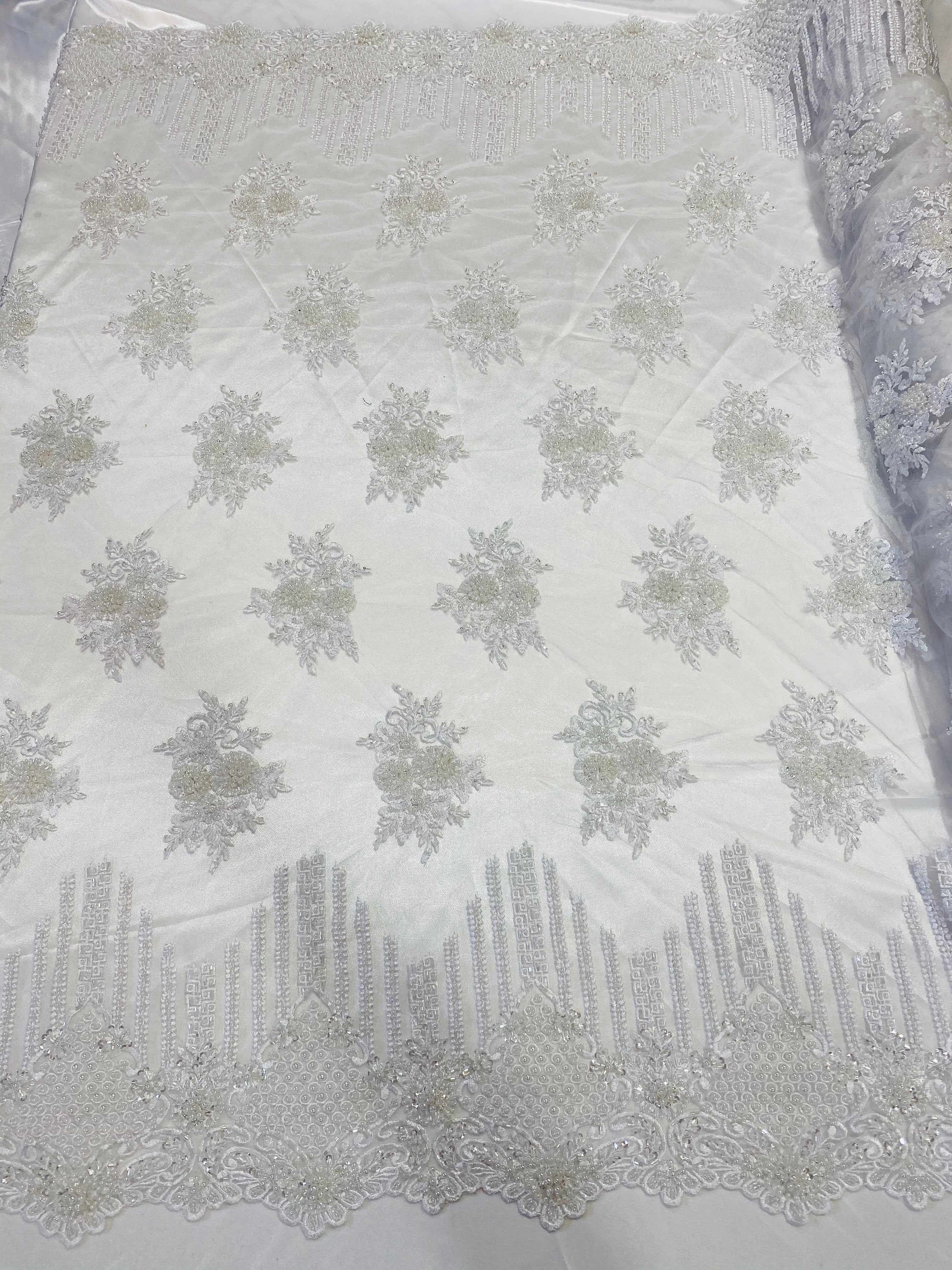 Beaded Fabric - White - Hand Embroidery Lace Bridal Floral Mesh Dress Fabric By Yard